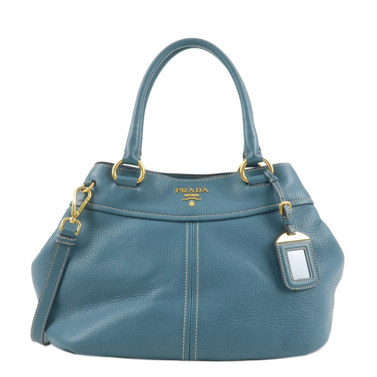 PRADA-Leather-2Way-Bag-Hand-Bag-Shoulder-Bag-Blue-Gold-HDW-Used