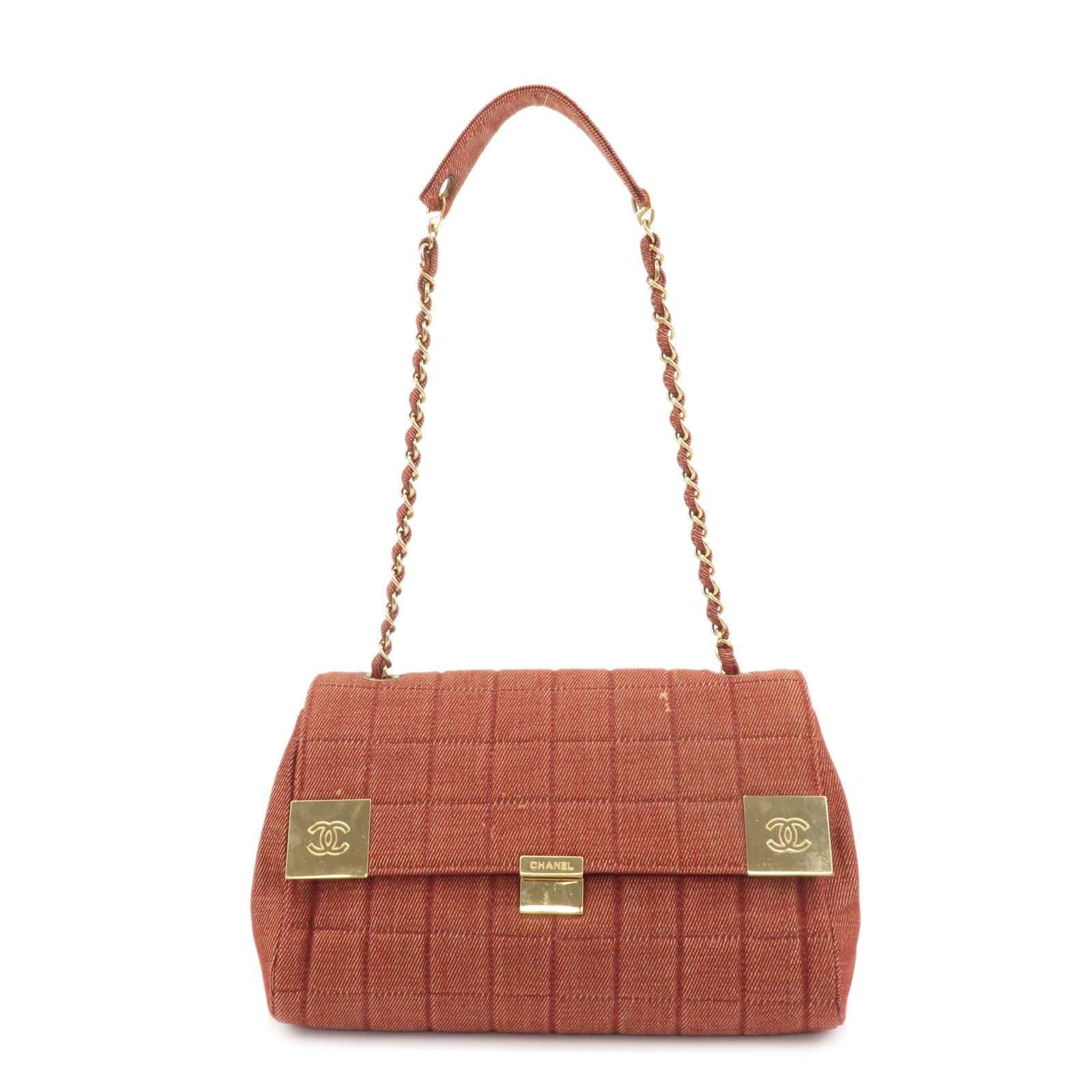 CHANEL-Chocolate-Bar-Canvas-Chain-Shoulder-Bag-Red-Gold