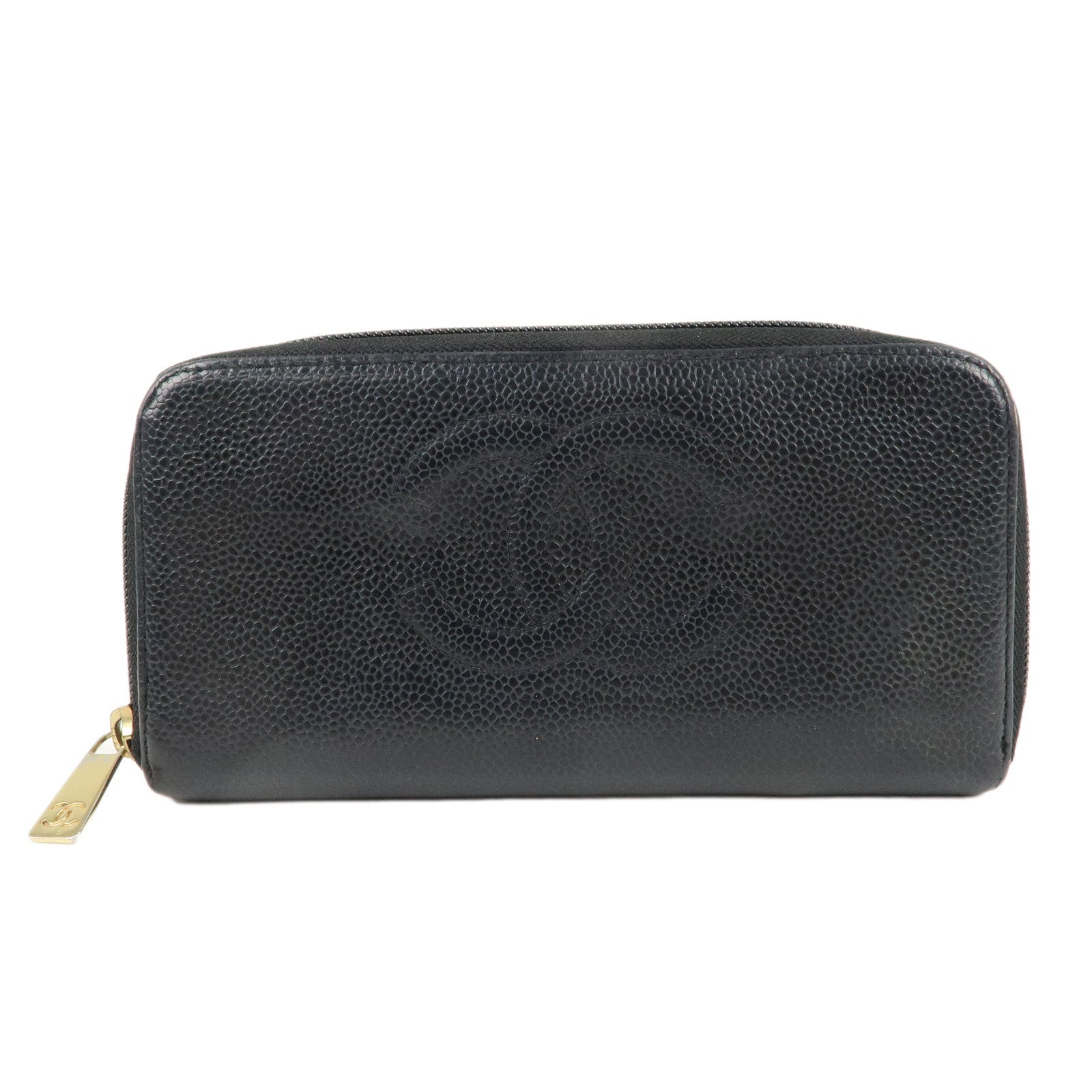 CHANEL Caviar Skin Zippy Round Long Wallet Purse Black A13228