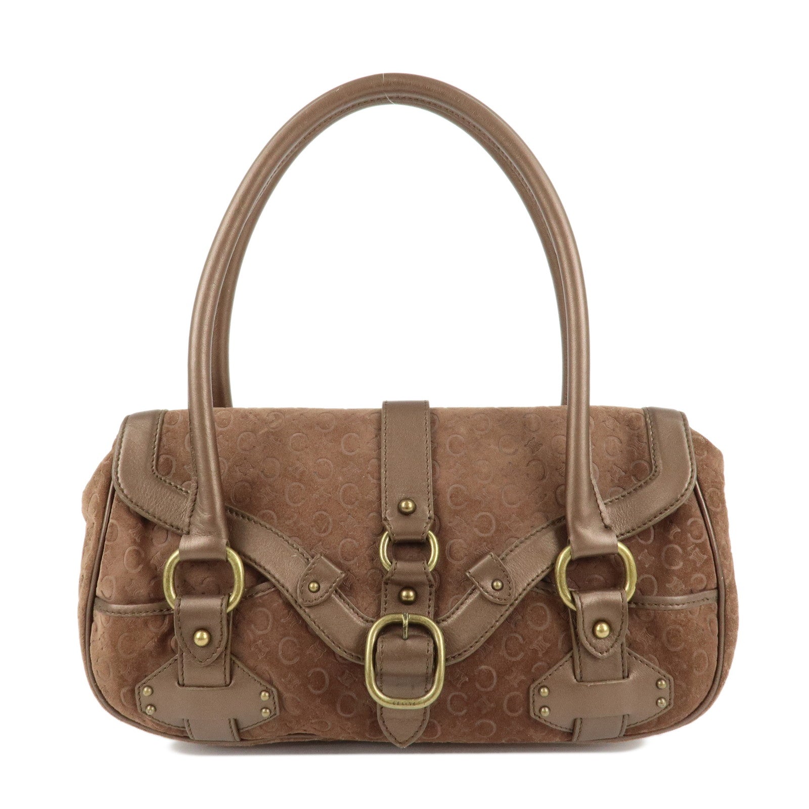 CELINE-C-Macadam-Suede-Leather-Shoulder-Bag-Hand-Bag-Brown