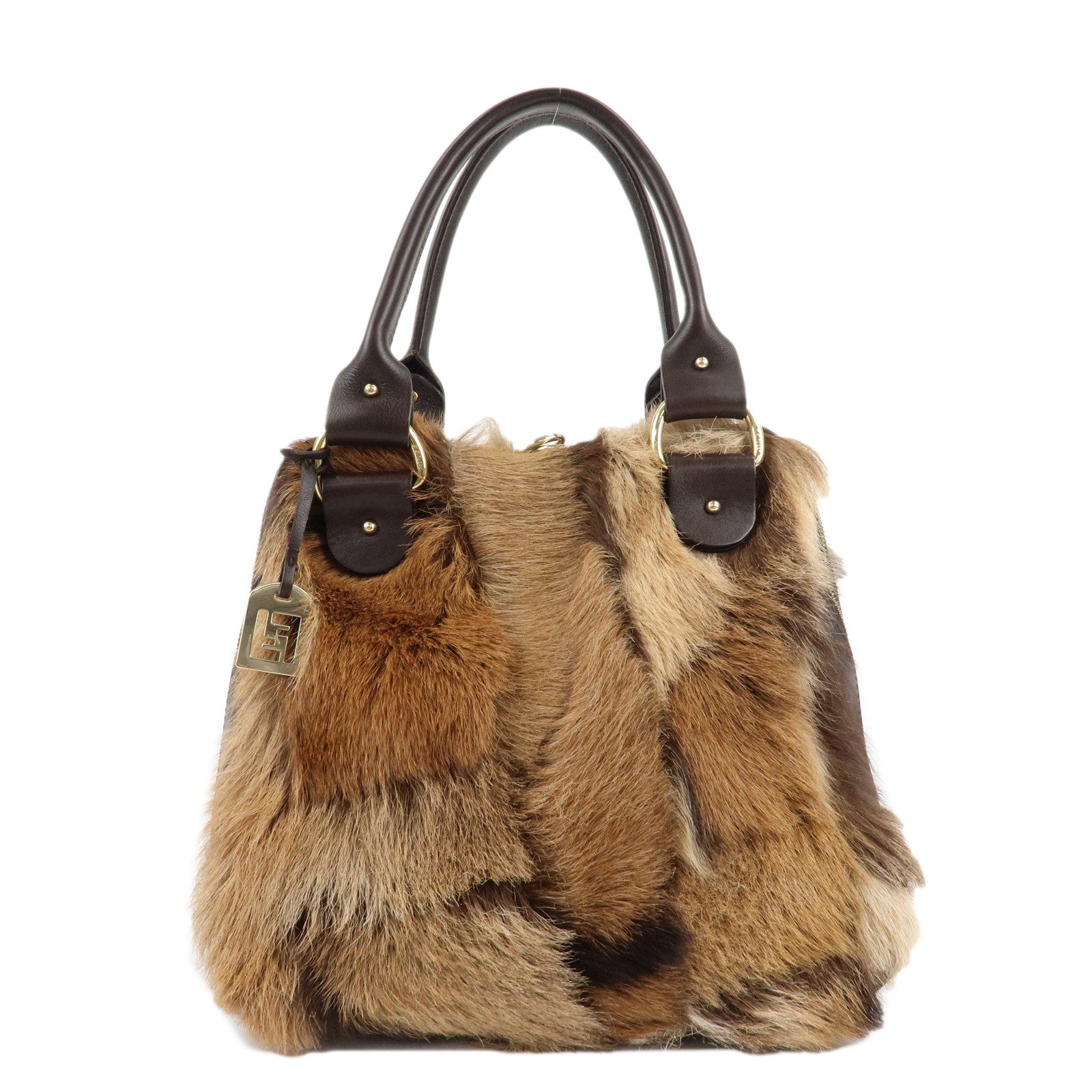 FENDI-Fur-Leather-Tote-Bag-Hand-Bag-Shoulder-Bag-Brown-8BR286