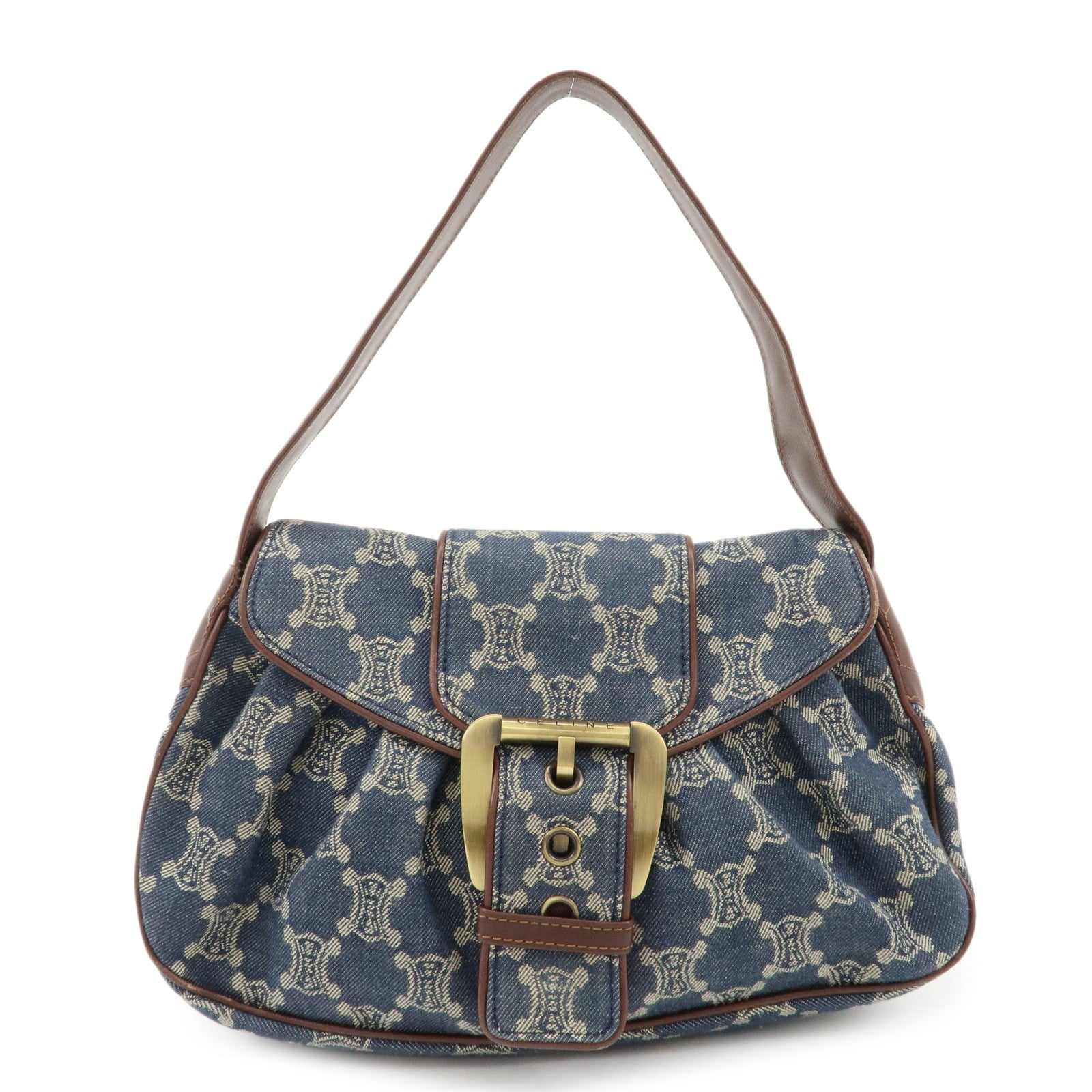 CELINE-Macadam-Denim-Leather-Shoulder-Bag-Blue-Brown