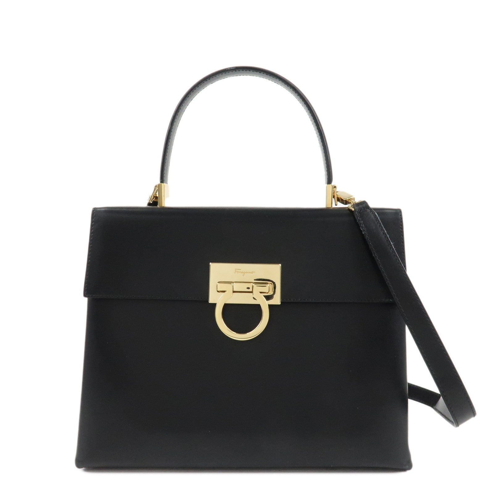 Ferragamo-Leather-Gancini-2Way-Hand-Shoulder-Bag-Black-AT210536