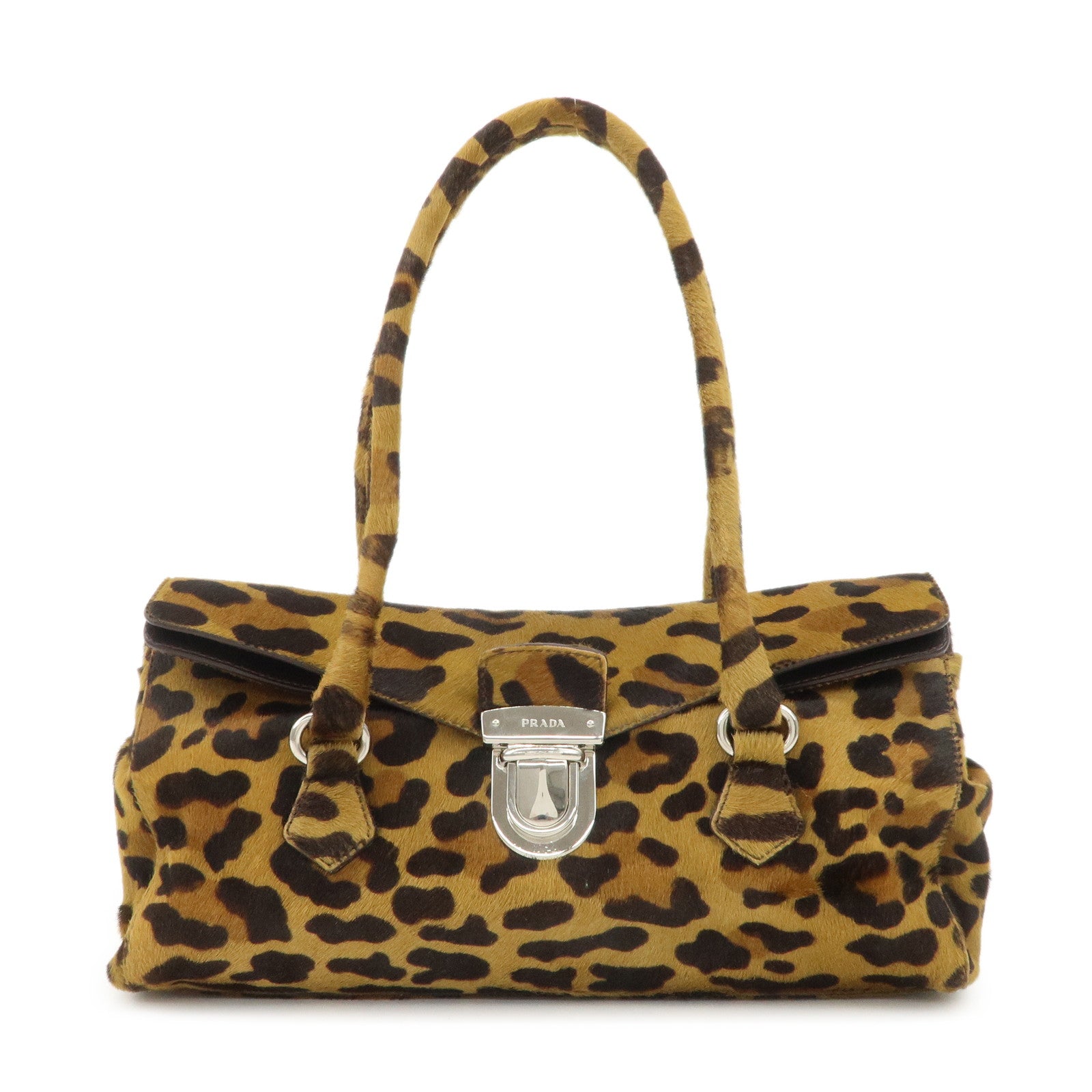 PRADA-Logo-Unborn-Calf-Leopard-Shoulder-Bag-Hand-Bag-Brown