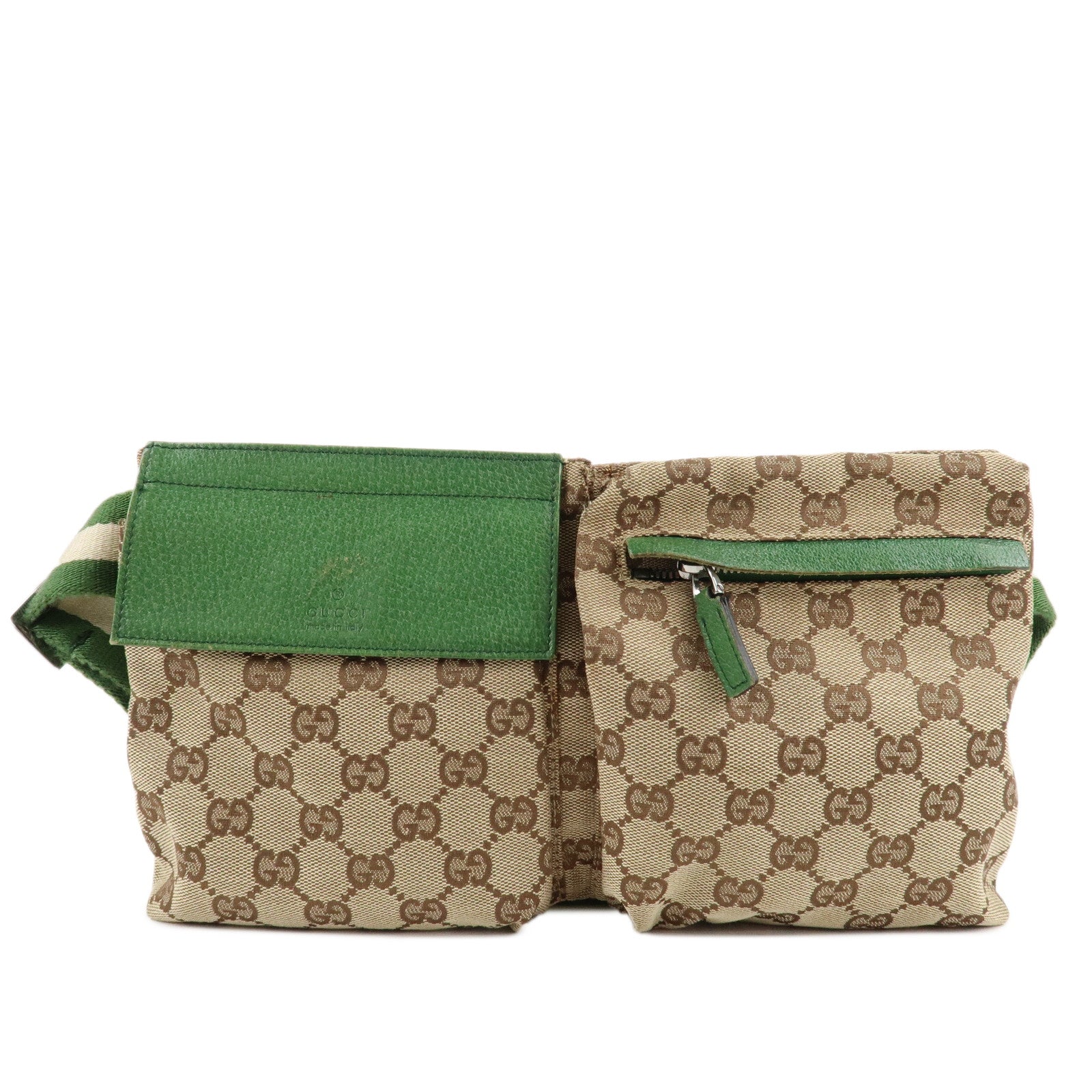 GUCCI-GG-Canvas-Leather-Waist-Bag-Waist-Pouch-Beige-Green-28566