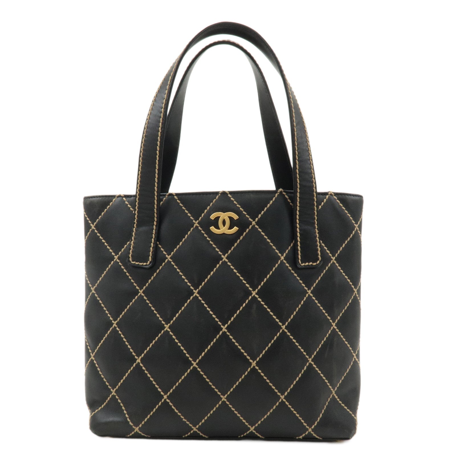 CHANEL Wild Stitch Leather Tote Bag Hand Bag Black