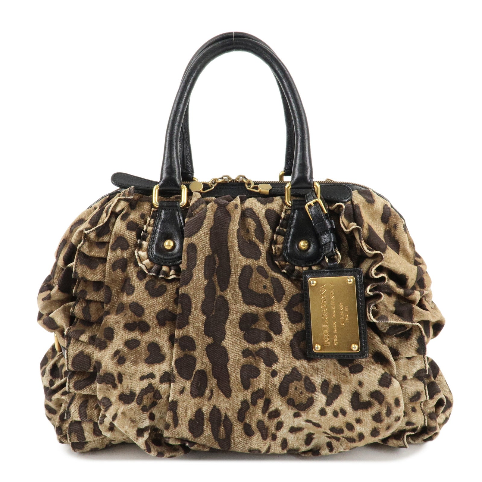 Dolce&Gabbana-Canvas-Leather-Leopard-Hand-Bag-Brown-Black