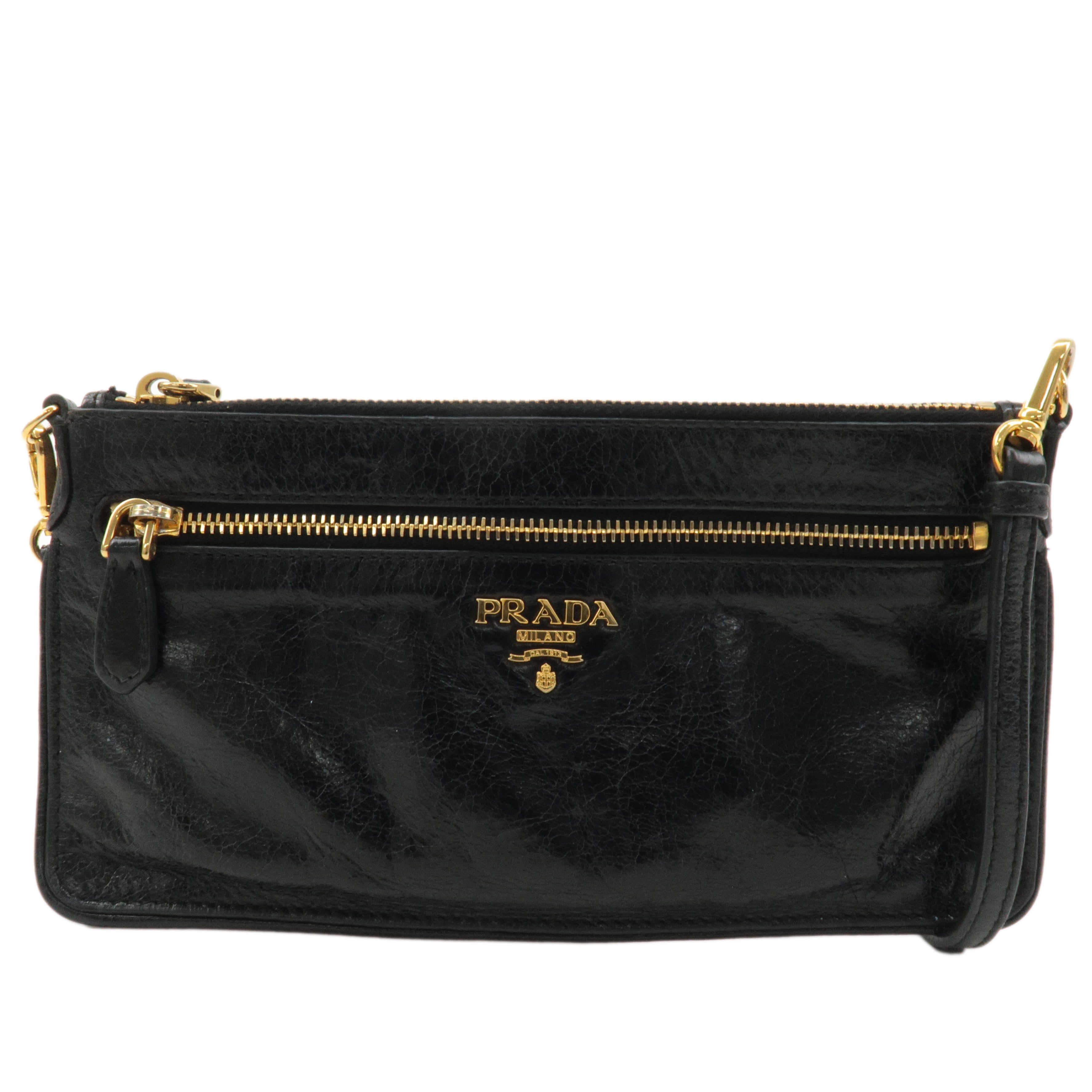 PRADA Logo Leather Pouch with Strap Shoulder Bag Black