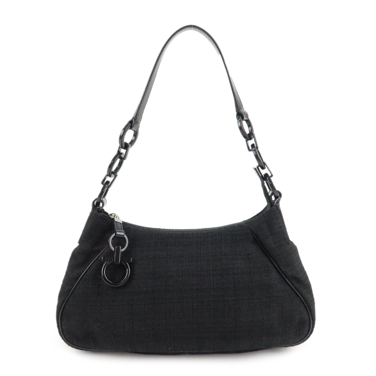 Ferragamo-Gancini-Canvas-Plastic-Chain-Shoulder-Bag-Black