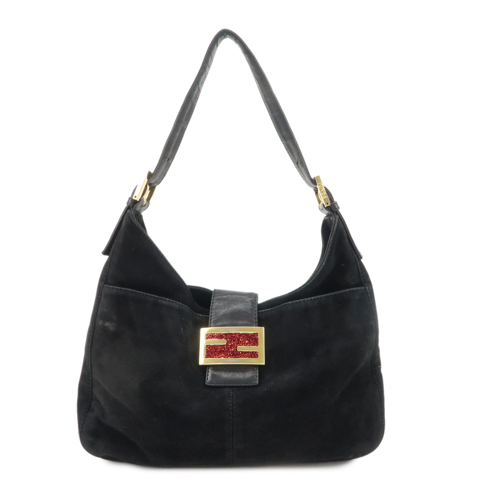 FENDI-Suede-Leather-Shoulder-Bag-Black-26569