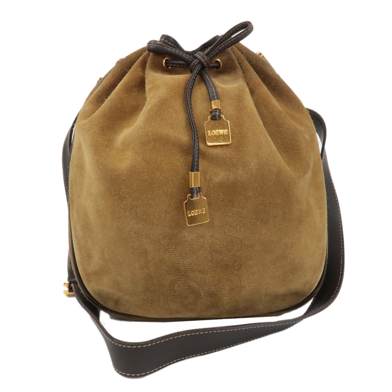 LOEWE-Anagram-Suede-Leather-Shoulder-Bag-Beige-Brown