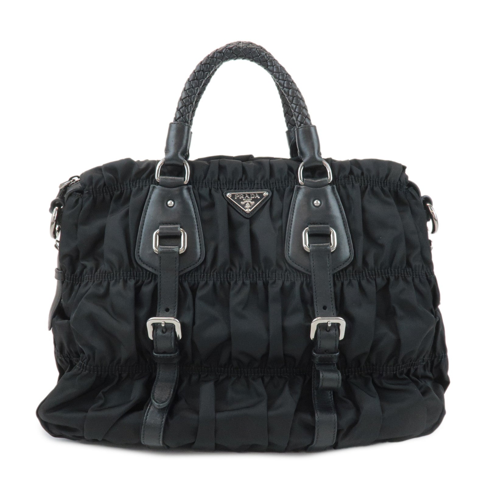 PRADA-Logo-Leather-Gathered-2Way-Hand-Bag-Black-BN1336