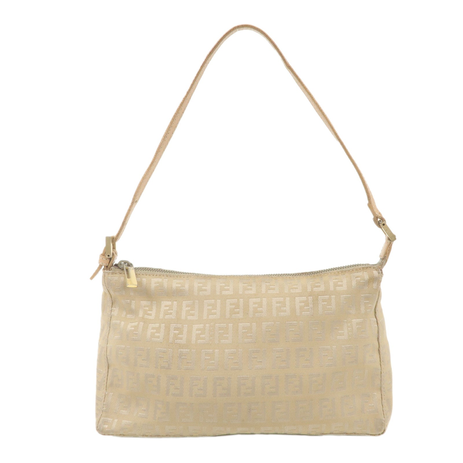 FENDI-Zucchino-Canvas-Leather-Shoulder-Bag-Beige