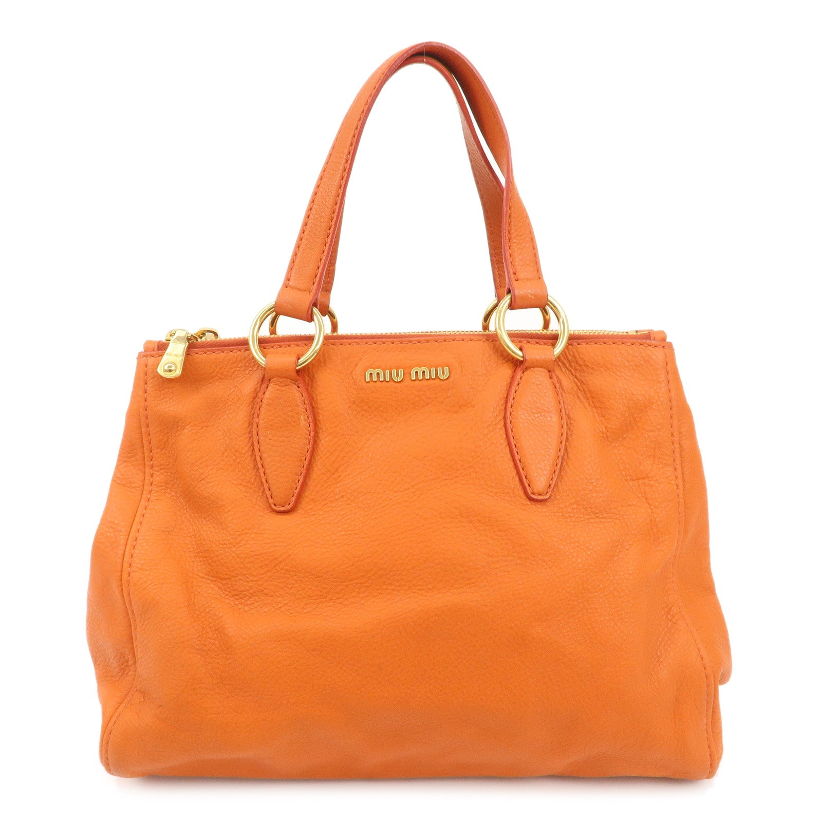 MIU-MIU-Leather-Tote-Bag-Gold-Logo-Orange-Gold-Hardware