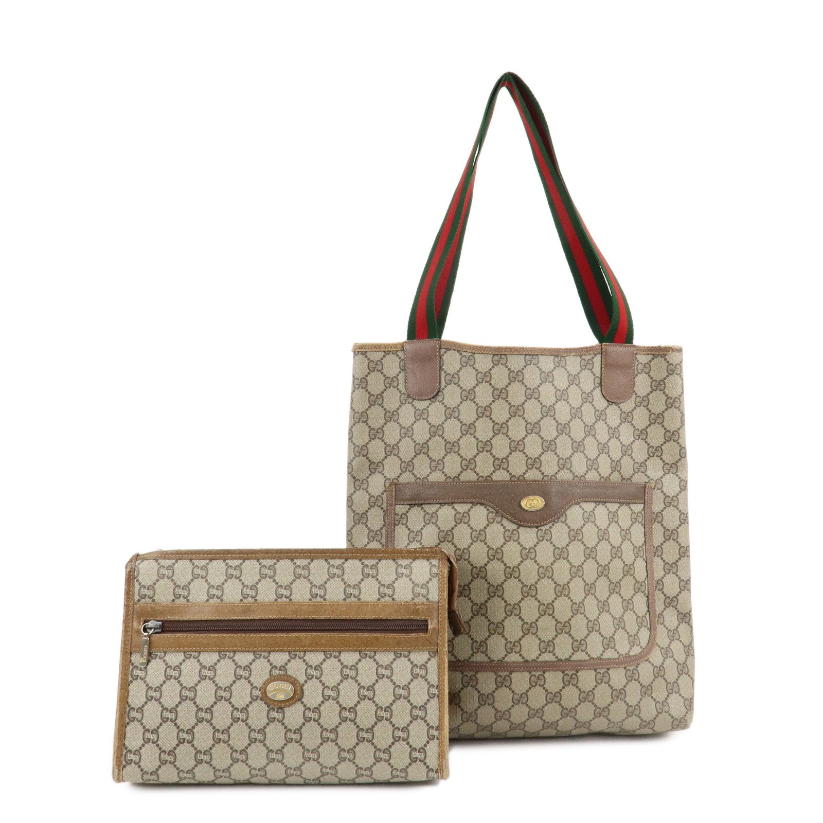 GUCCI-Set-of-2-Old-Gucci-GG-Plus-Leather-Tote-Bag-Clutch-Bag