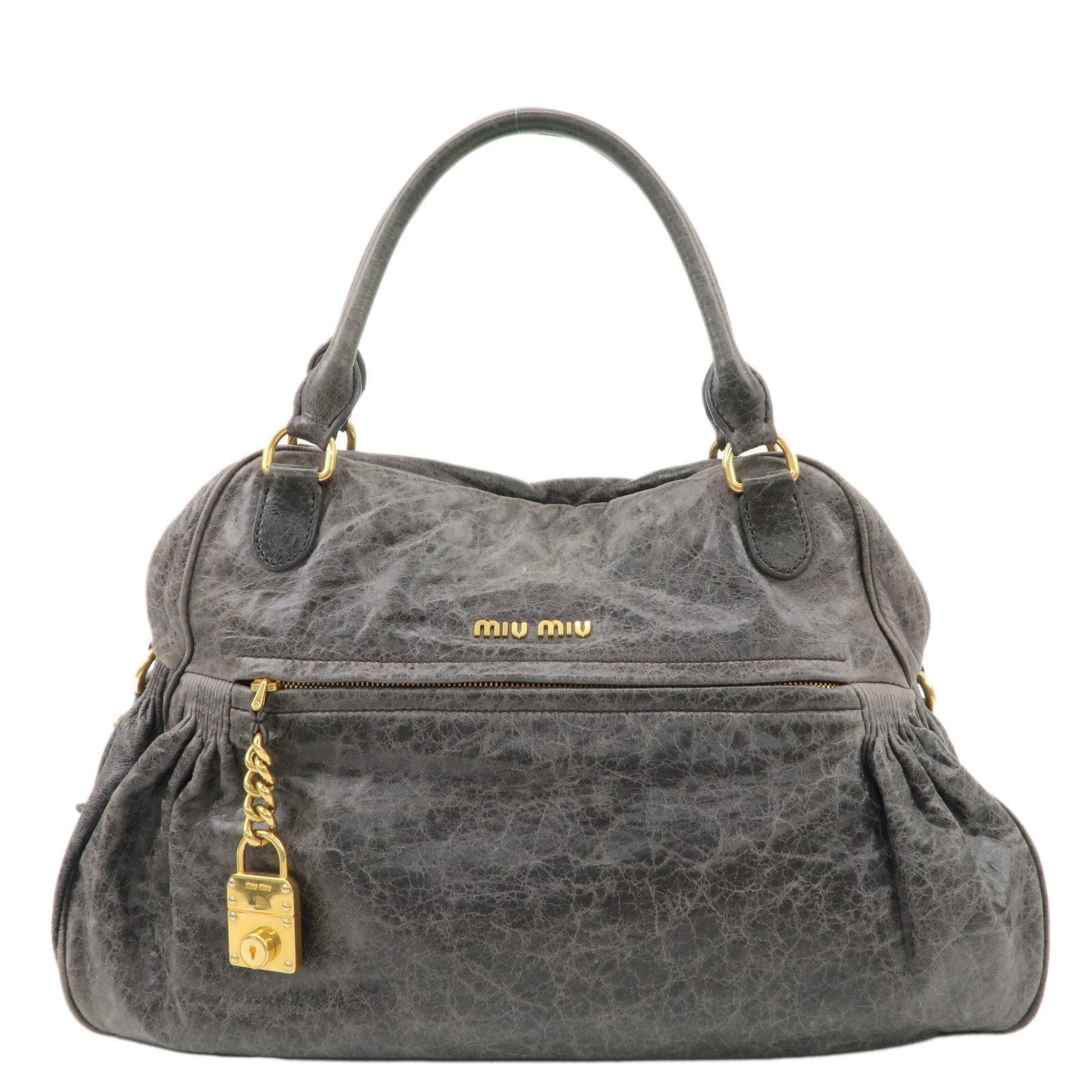 MIU-MIU-Leather-Hand-Bag-Shoulder-Bag-Gray-Gold-Hardware