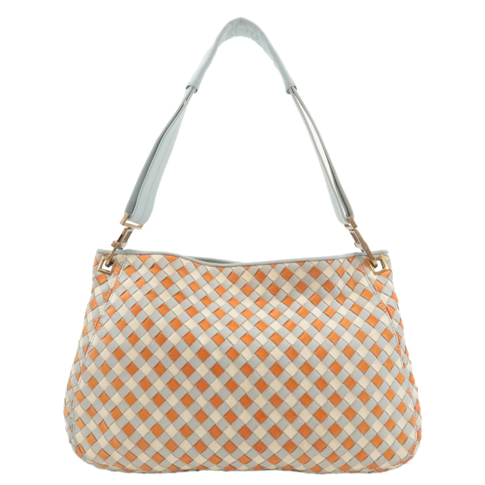 BOTTEGA-VENETA-Intrecciato-Leather-Shoulder-Bag-Blue-Ivory-Orange