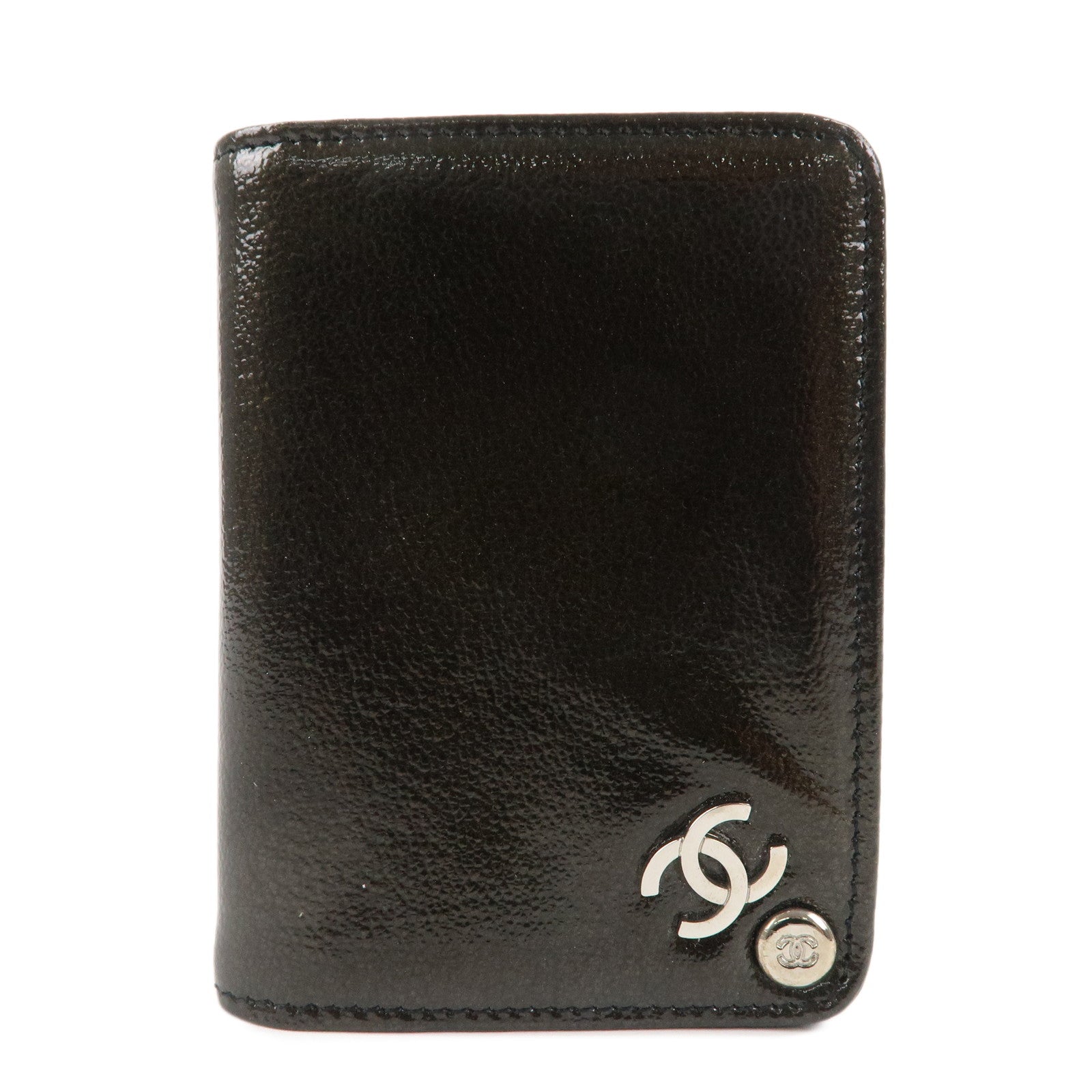 CHANEL-Coco-Mark-Patent-Leather-Bi-fold-Card-Case-Dark-Green