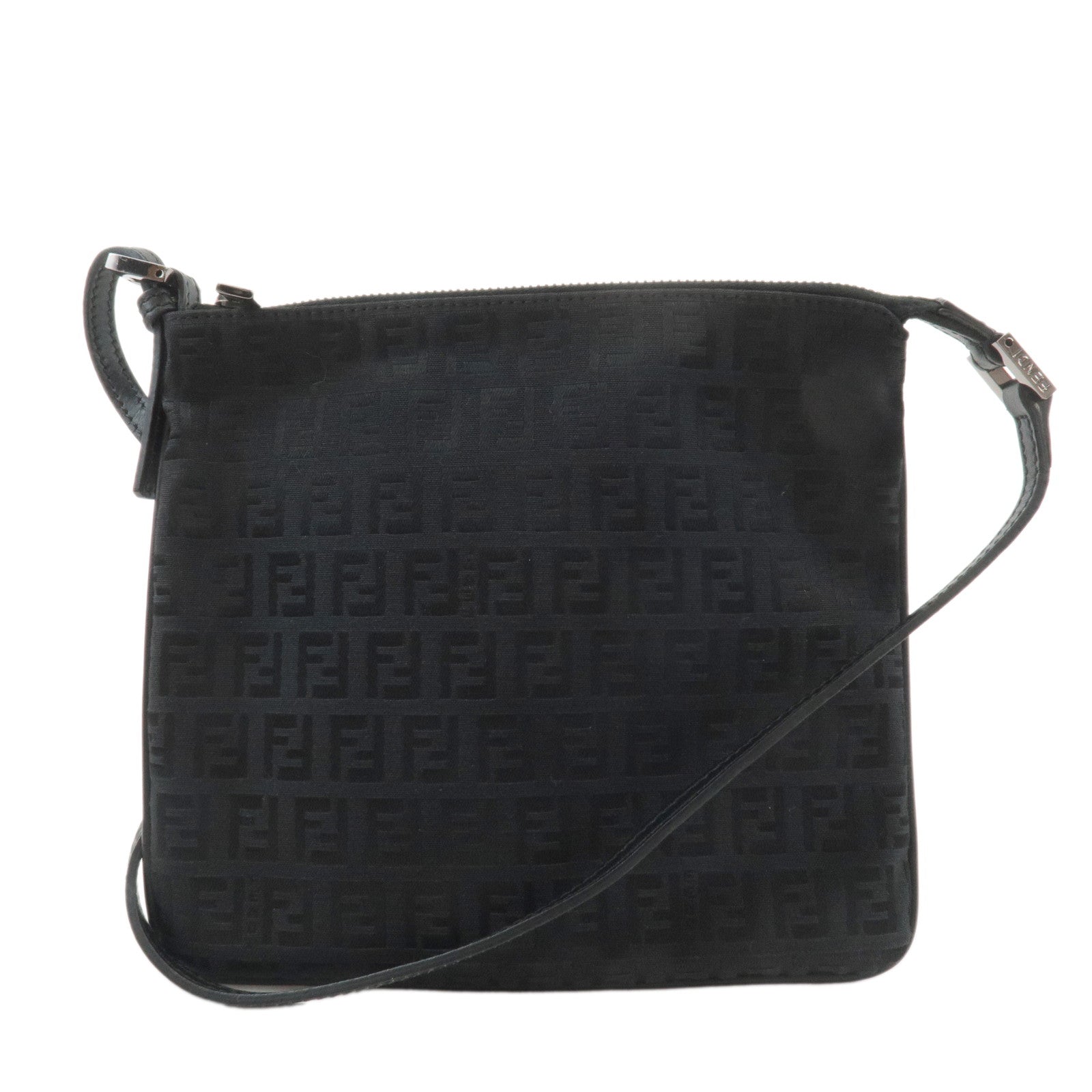 FENDI-Zucchino-Canvas-Leather-Shoulder-Bag-Black-8BT047