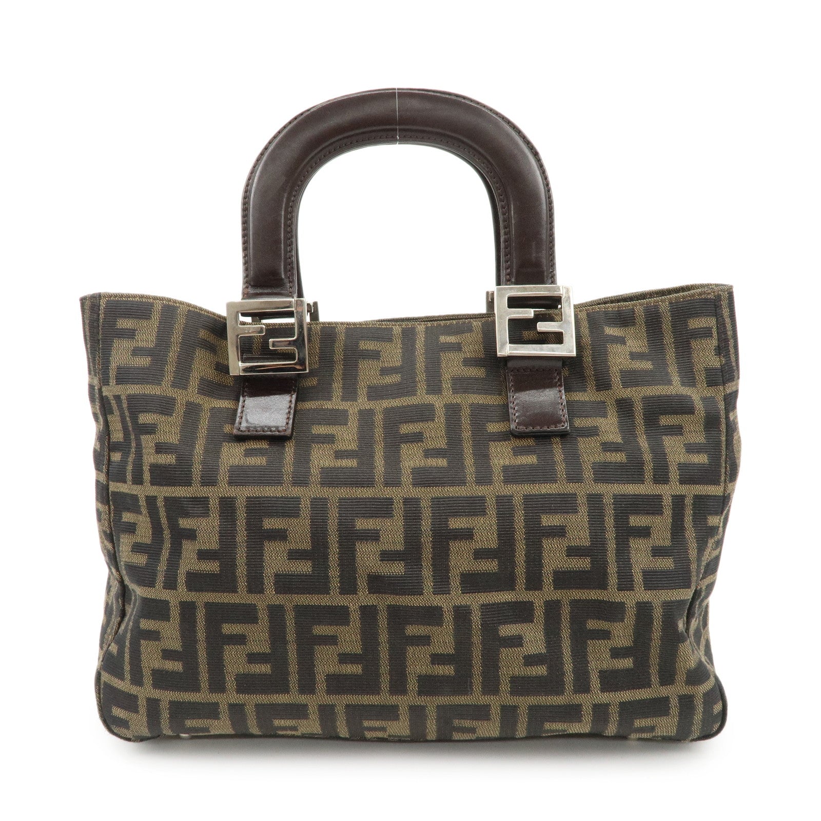 FENDI-Zucca-Canvas-Leather-Tote-Bag-Brown-Black-26329