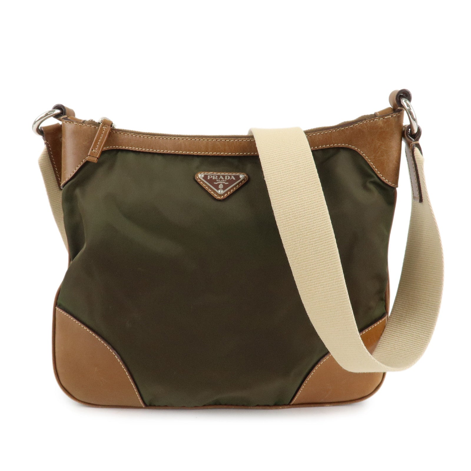 PRADA-Nylon-Leather-Triangle-Logo-Shoulder-Bag-Khaki-BT0507