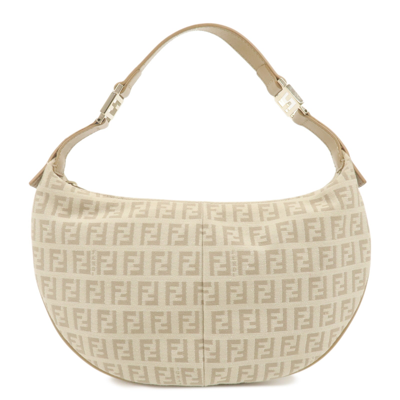 FENDI Zucchino Canvas Leather Shoulder Bag Beige Gray 8BR440