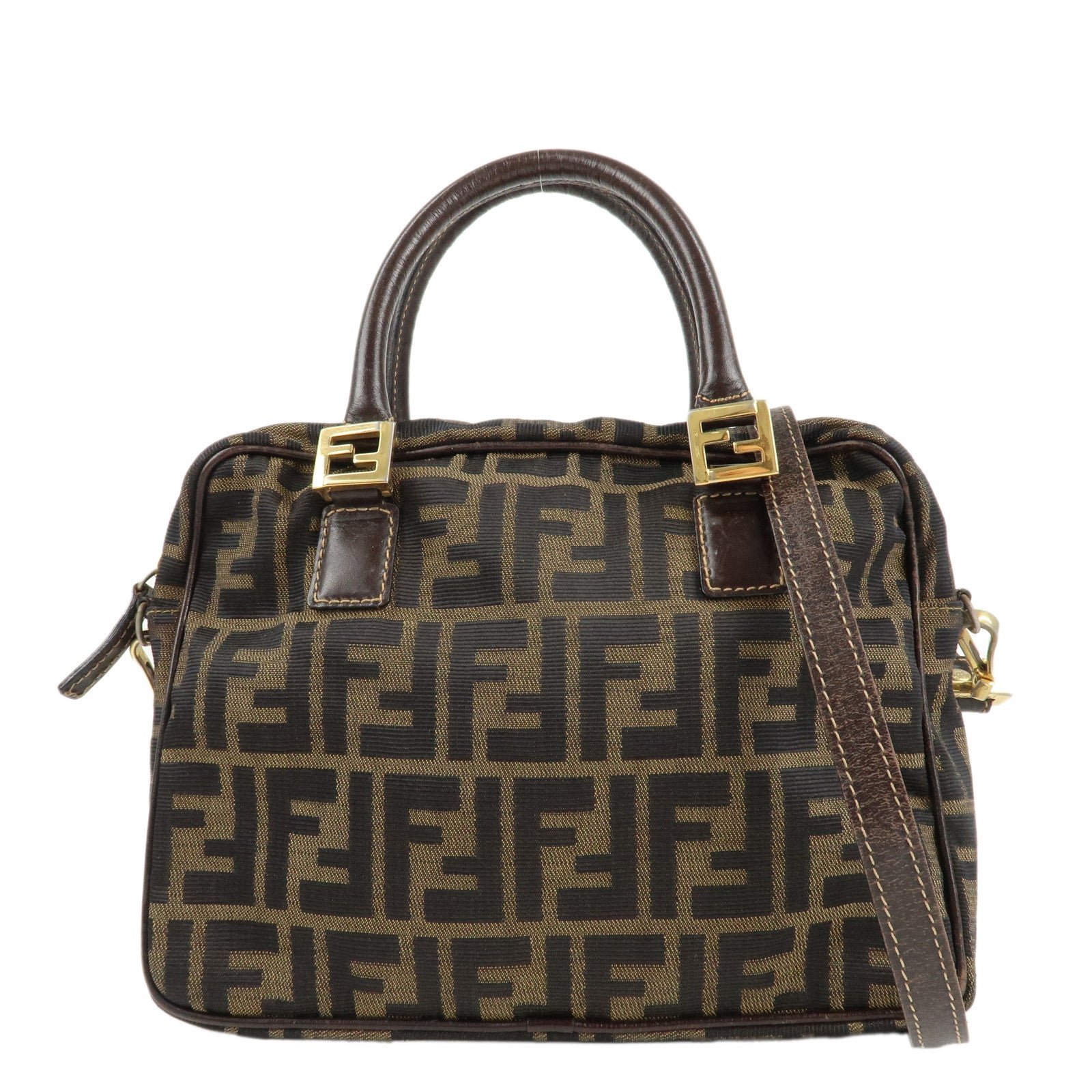 FENDI-Zucca-Canvas-Leather-2Way-Shoulder-Hand-Bag-Brown-Black