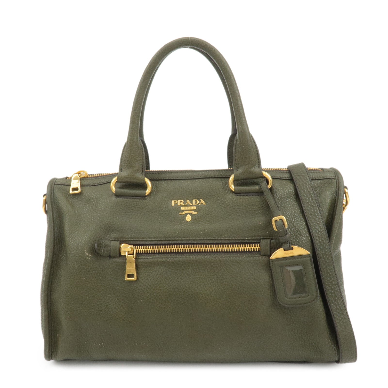 PRADA-Leather-2Way-Bag-Hand-Bag-Shoulder-Bag-Khaki-BL0805