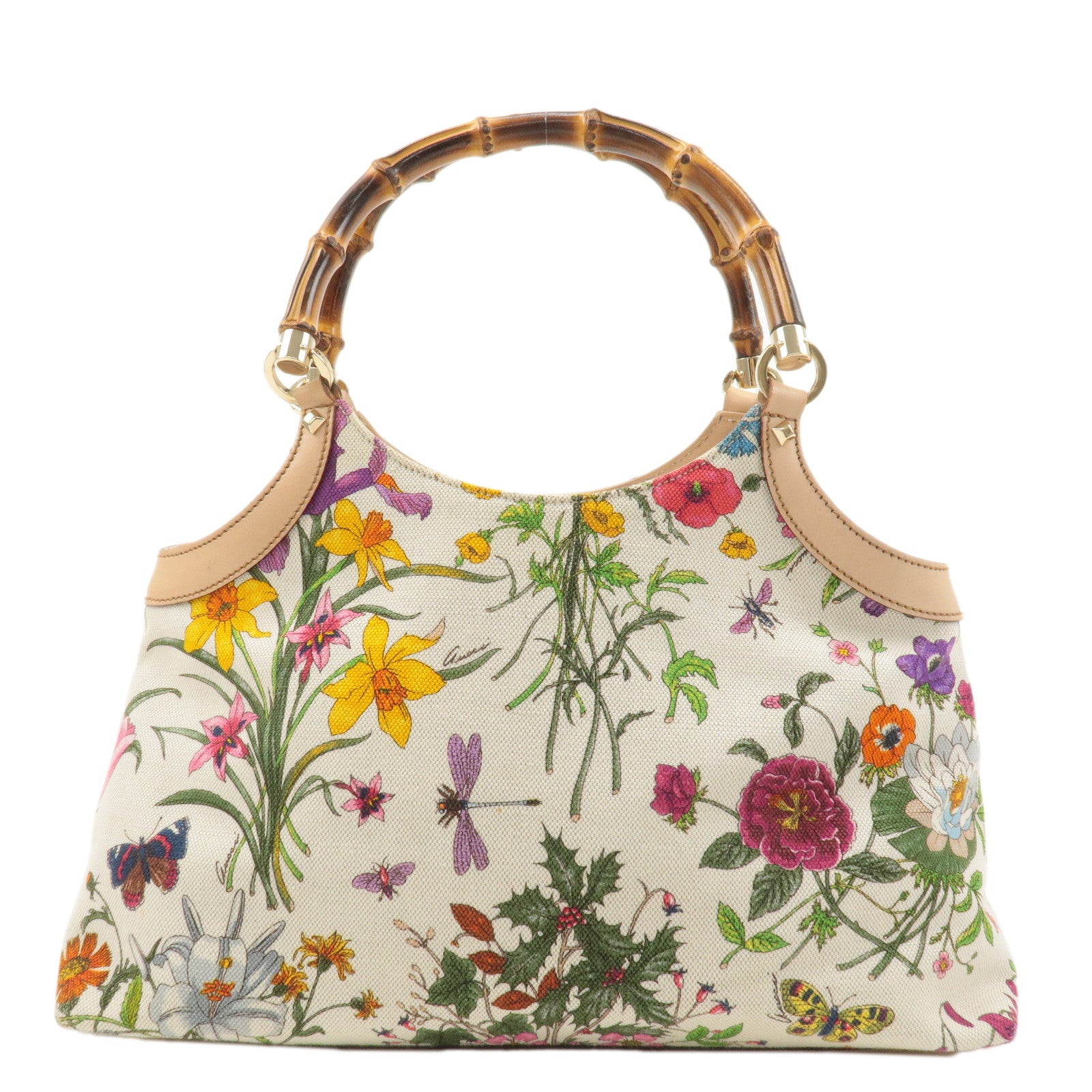 GUCCI Bamboo Canvas Leather Flora Tote Bag Ivory 137395