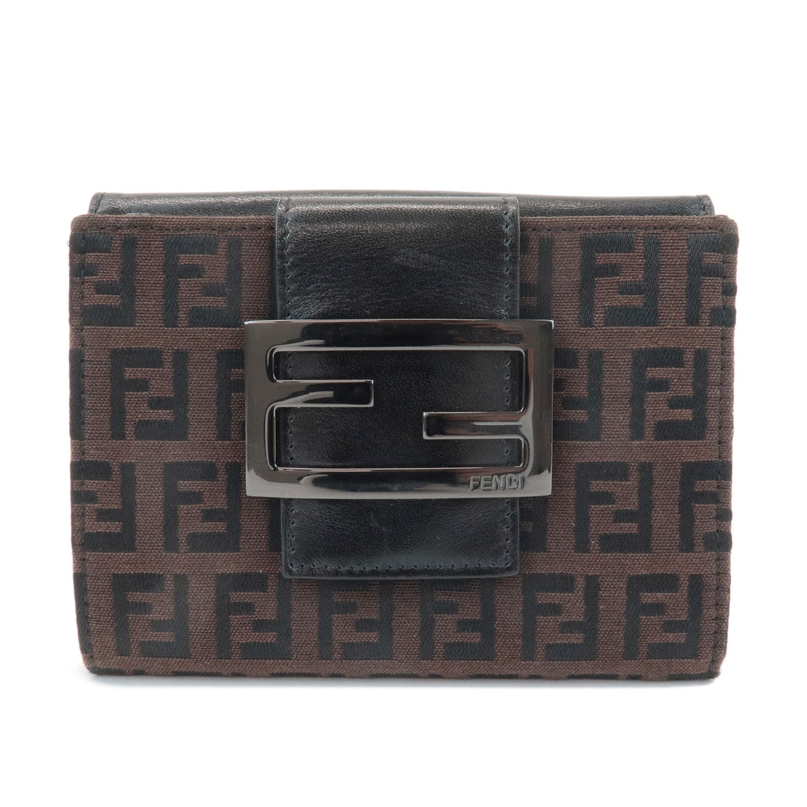 FENDI-Zucca-Canvas-Leather-Double-Hook-Wallet-Brown-Black-8M0035