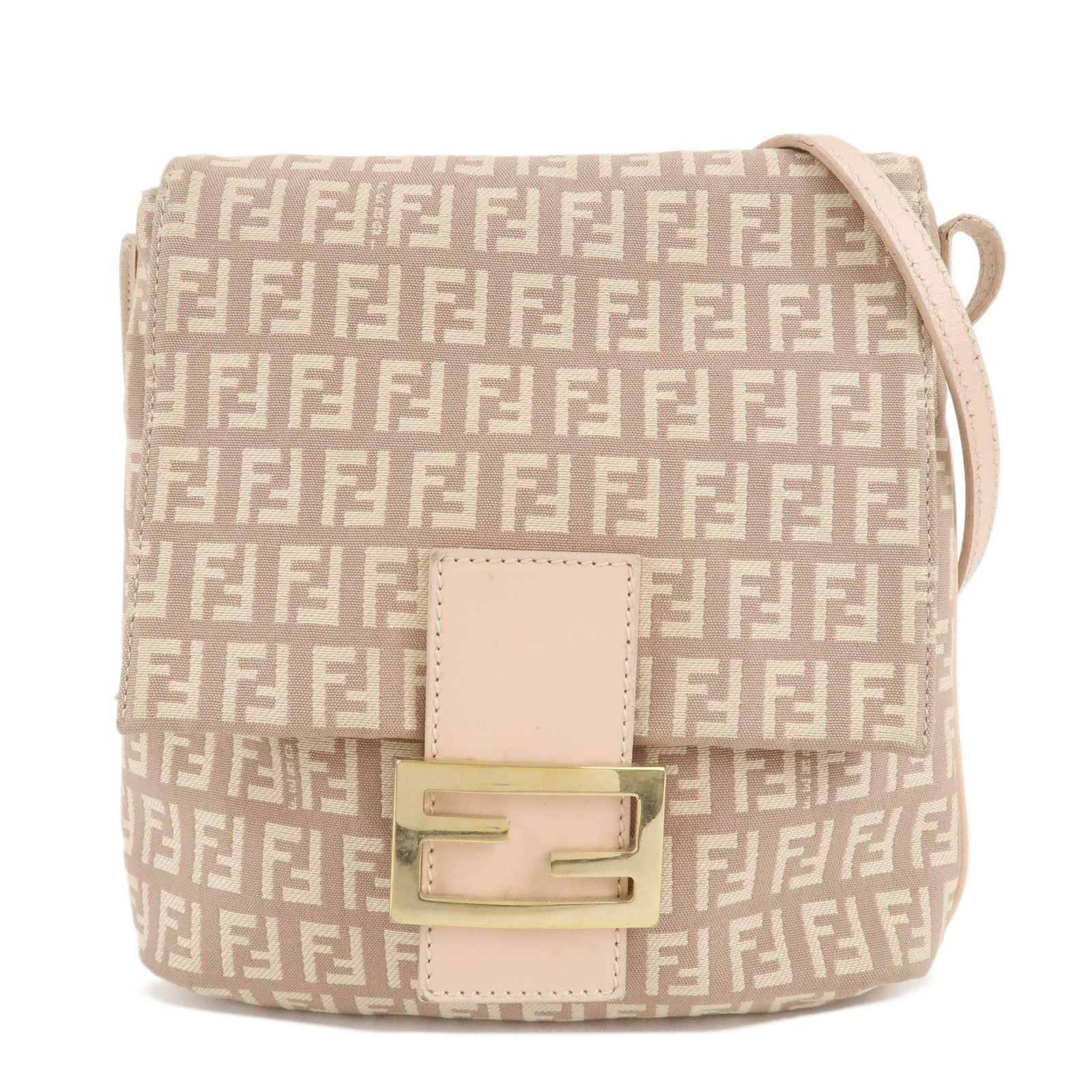 FENDI-Zucchino-Canvas-Leather-Shoulder-Bag-Pink-Beige-8BT075