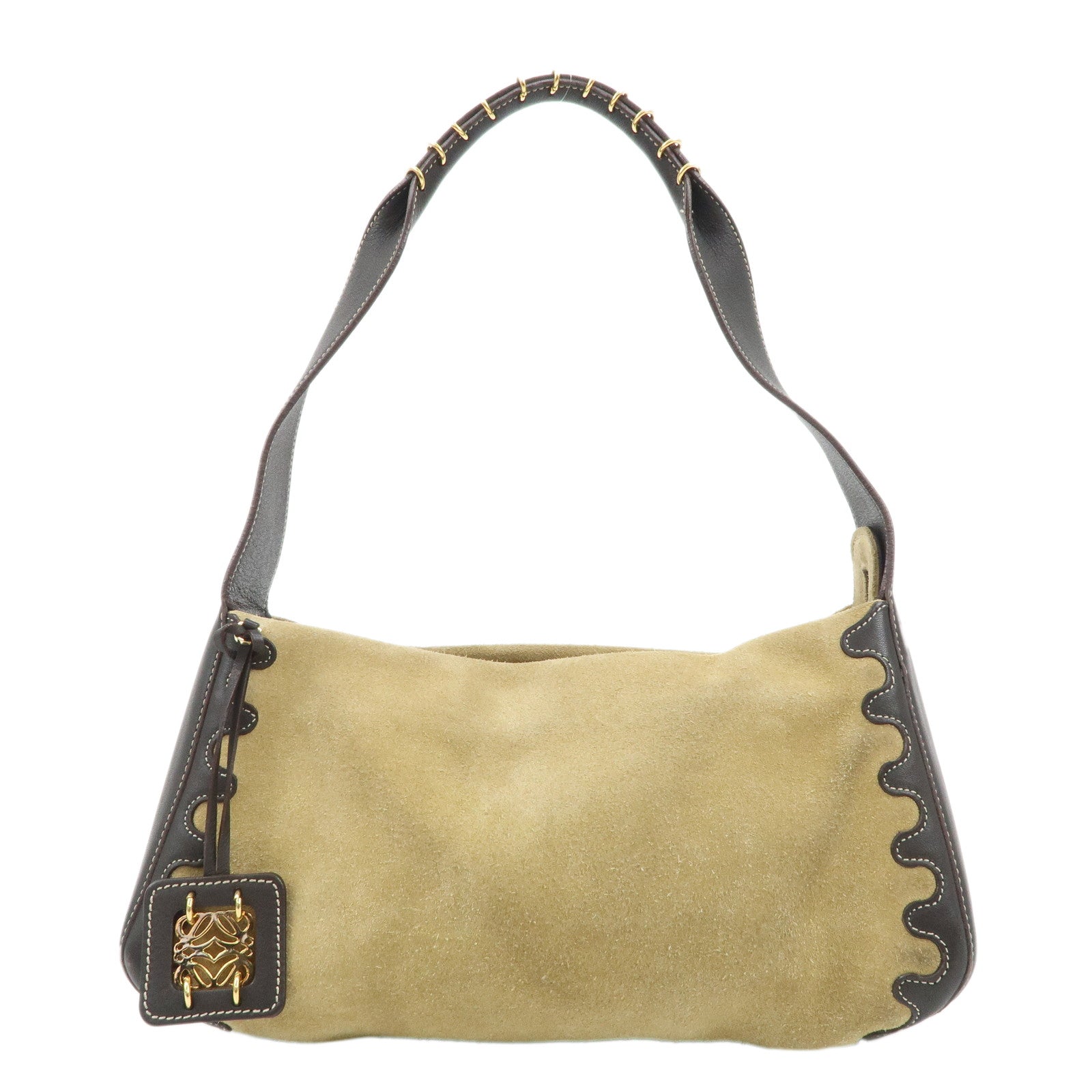 LOEWE-Suede-Leather-Shoulder-Bag-Hand-Bag-Beige-Dark-Brown