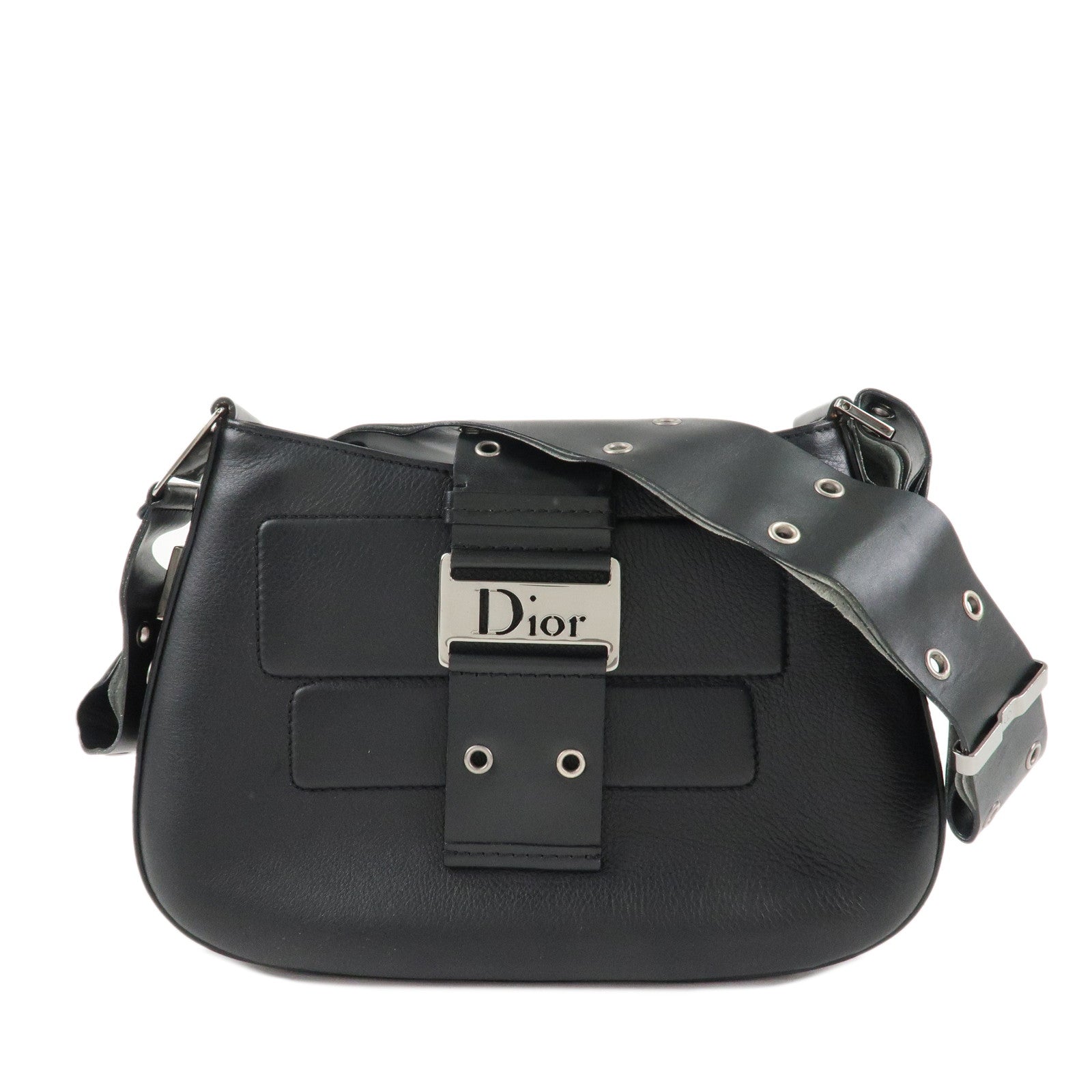 Chiristian-Dior-Leather-Shoulder-Bag-Hand-Bag-Black-Silver-HDW