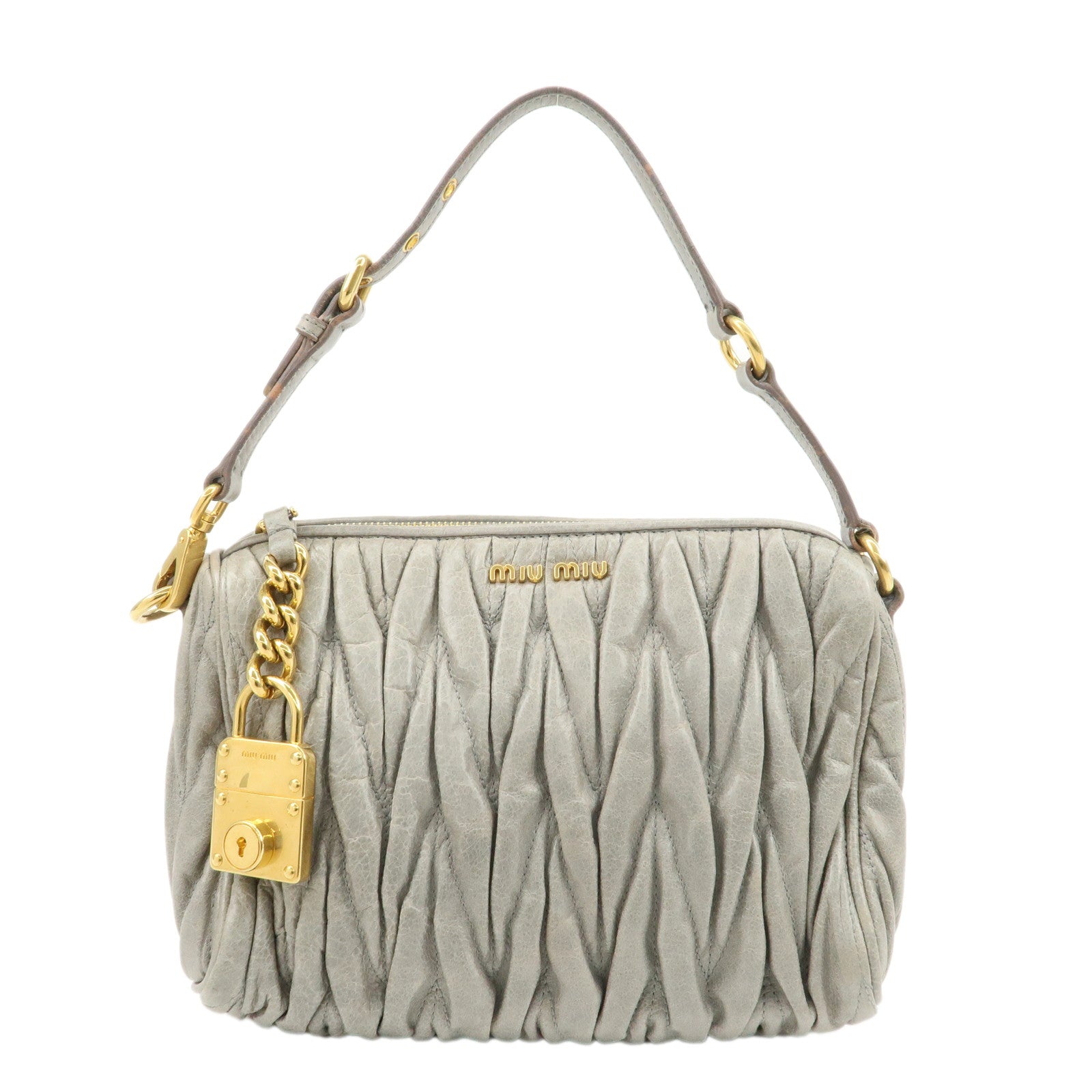 MIU-MIU-Matelasse-Leather-Semi-Shoulder-Bag-Hand-Bag-Gray