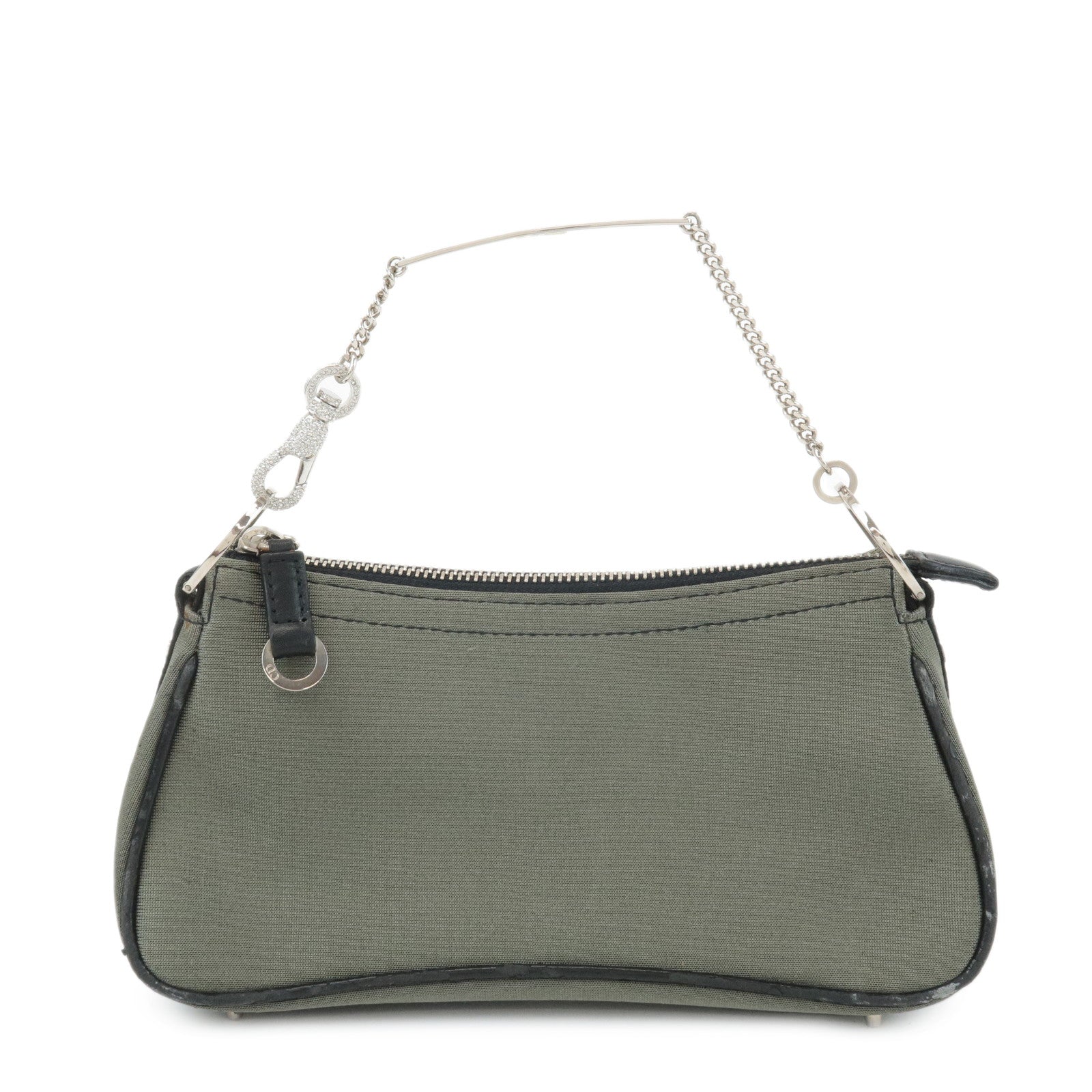 Chiristian-Dior-Canvas-Leather-Chain-Pouch-Hand-Bag-Khaki-Black