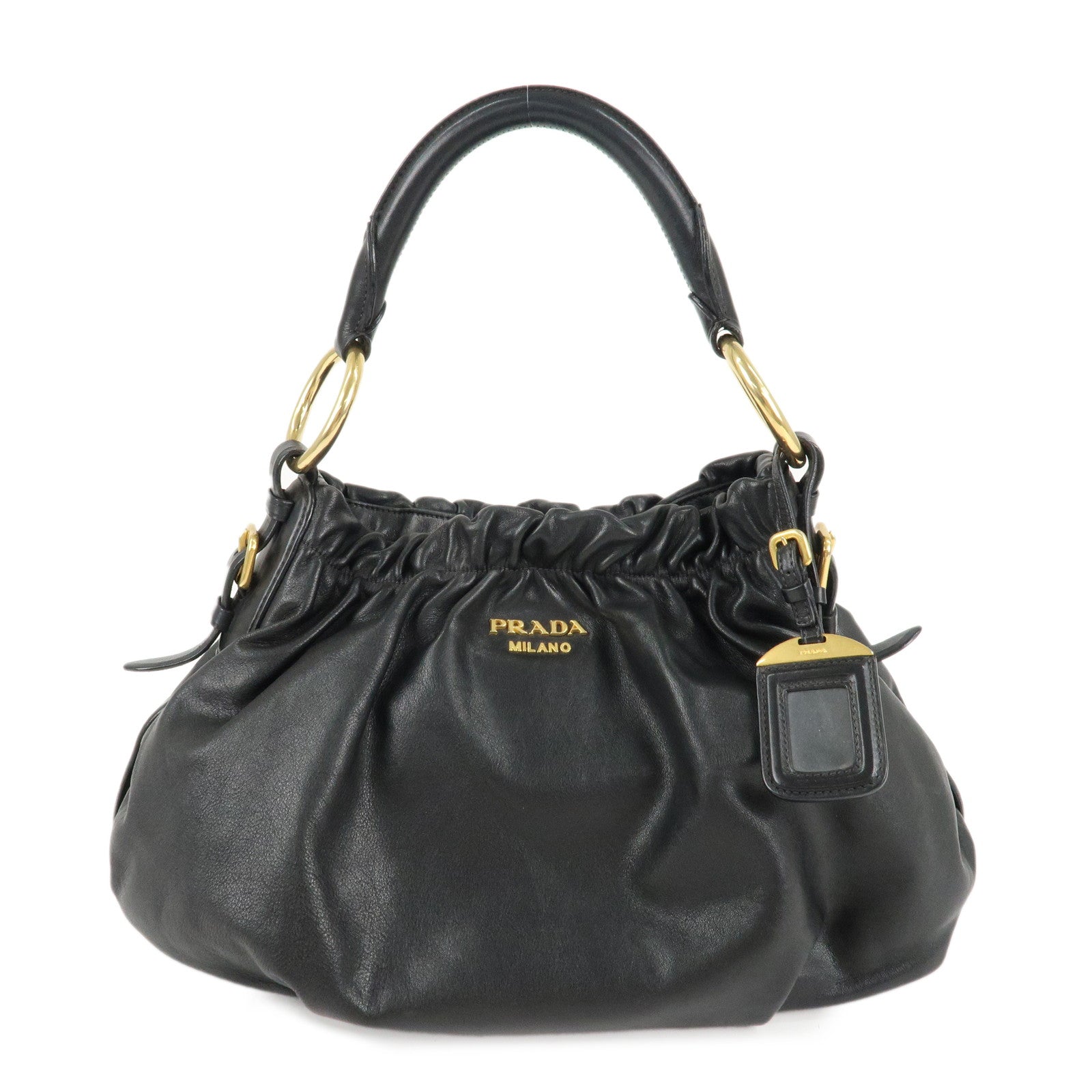 PRADA-Leather-Shoulder-Bag-Hand-Bag-Black-Gold-Hardware