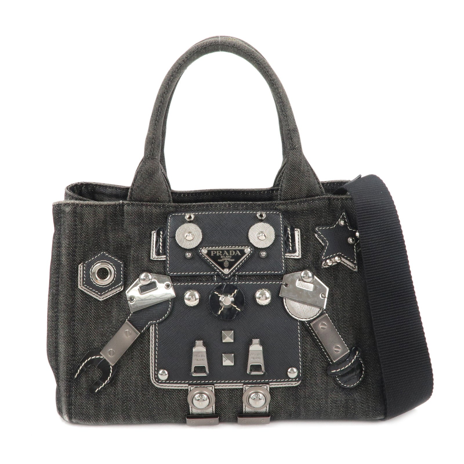 PRADA-Logo-Canapa-Mini-2-Way-Denim-Canvas-Hand-Bag-Black-1BG439