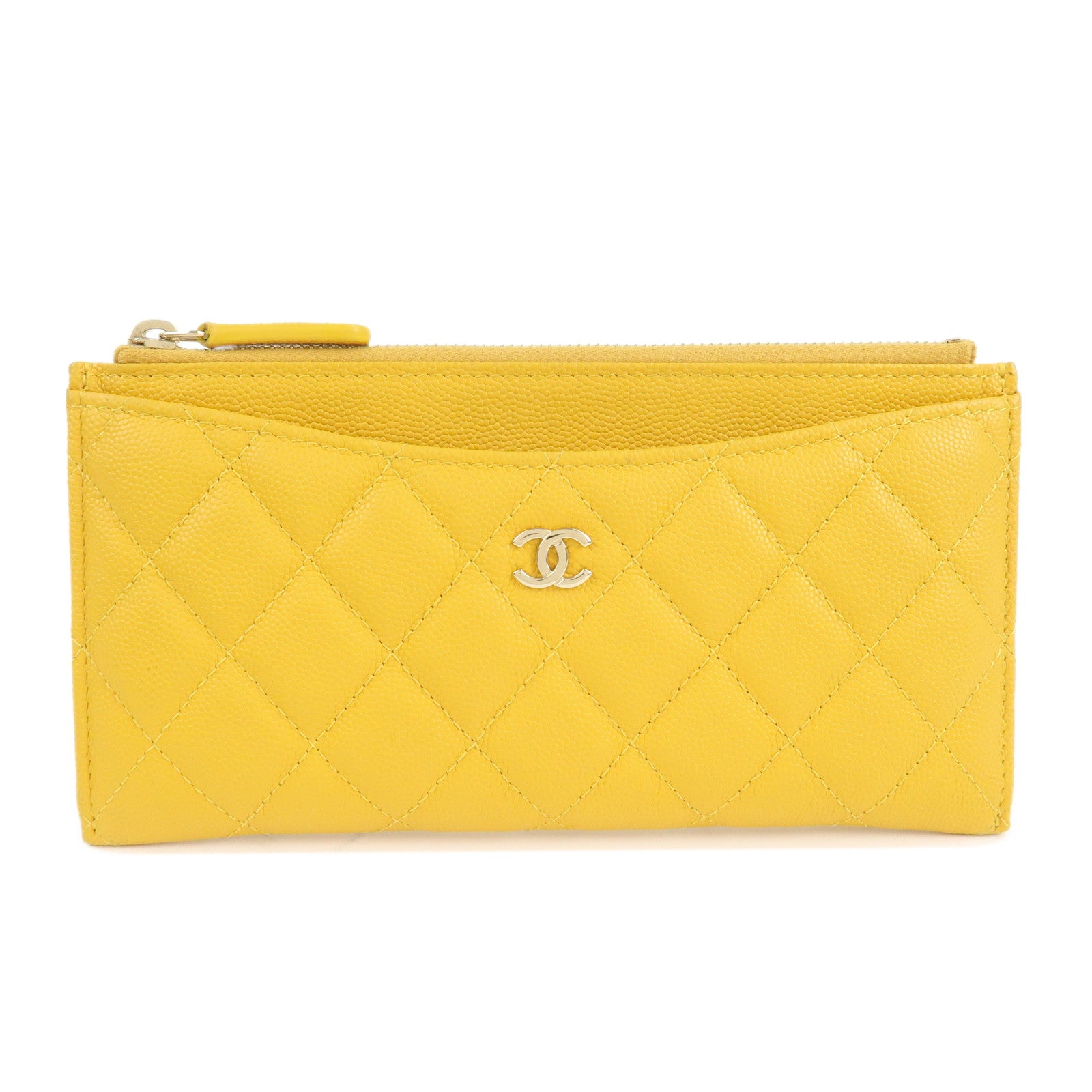 CHANEL-Matelasse-Caviar-Skin-Fragment-Case-Card-Case-Yellow