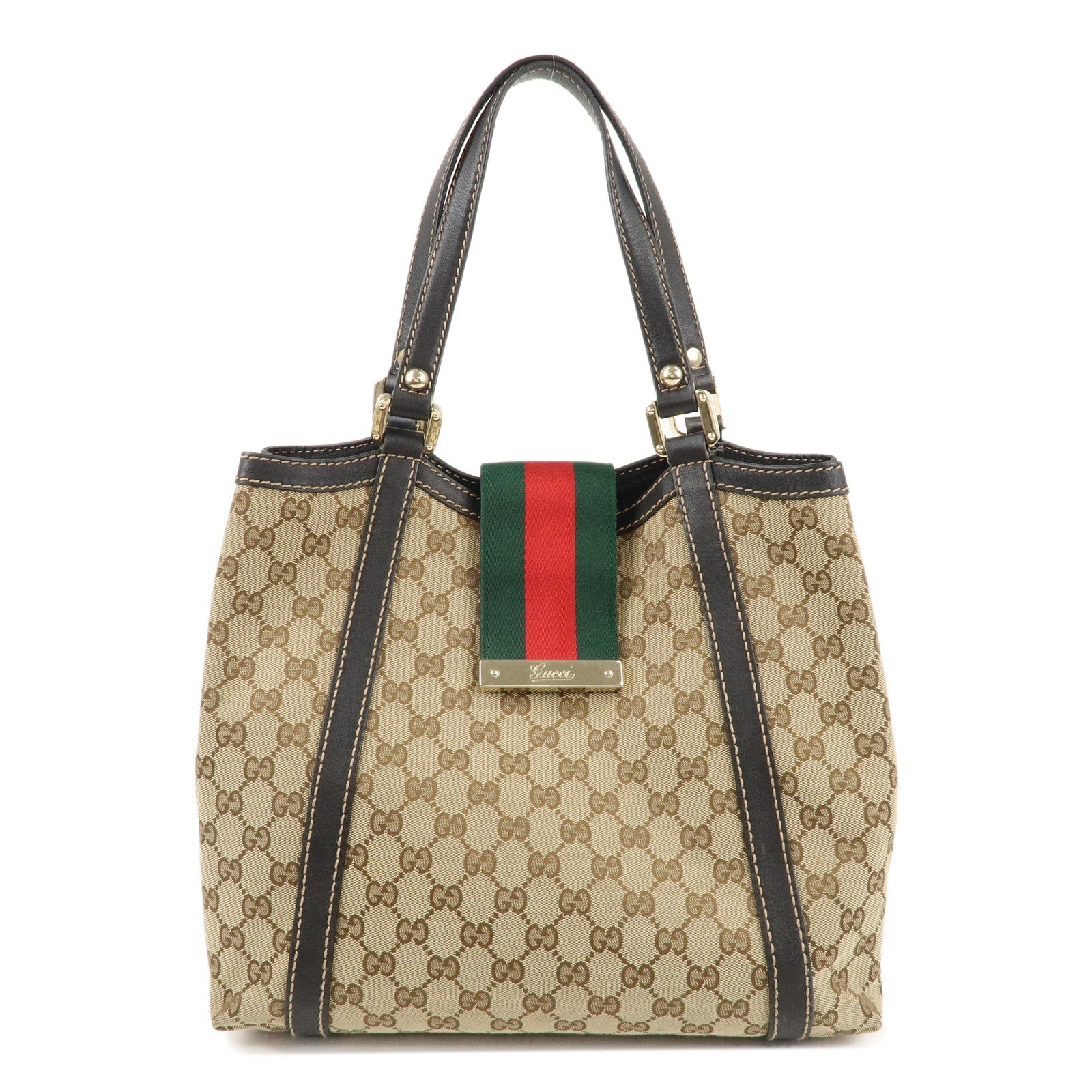 GUCCI-Sherry-GG-Canvas-Leather-Tote-Bag-Beige-Brown-233607