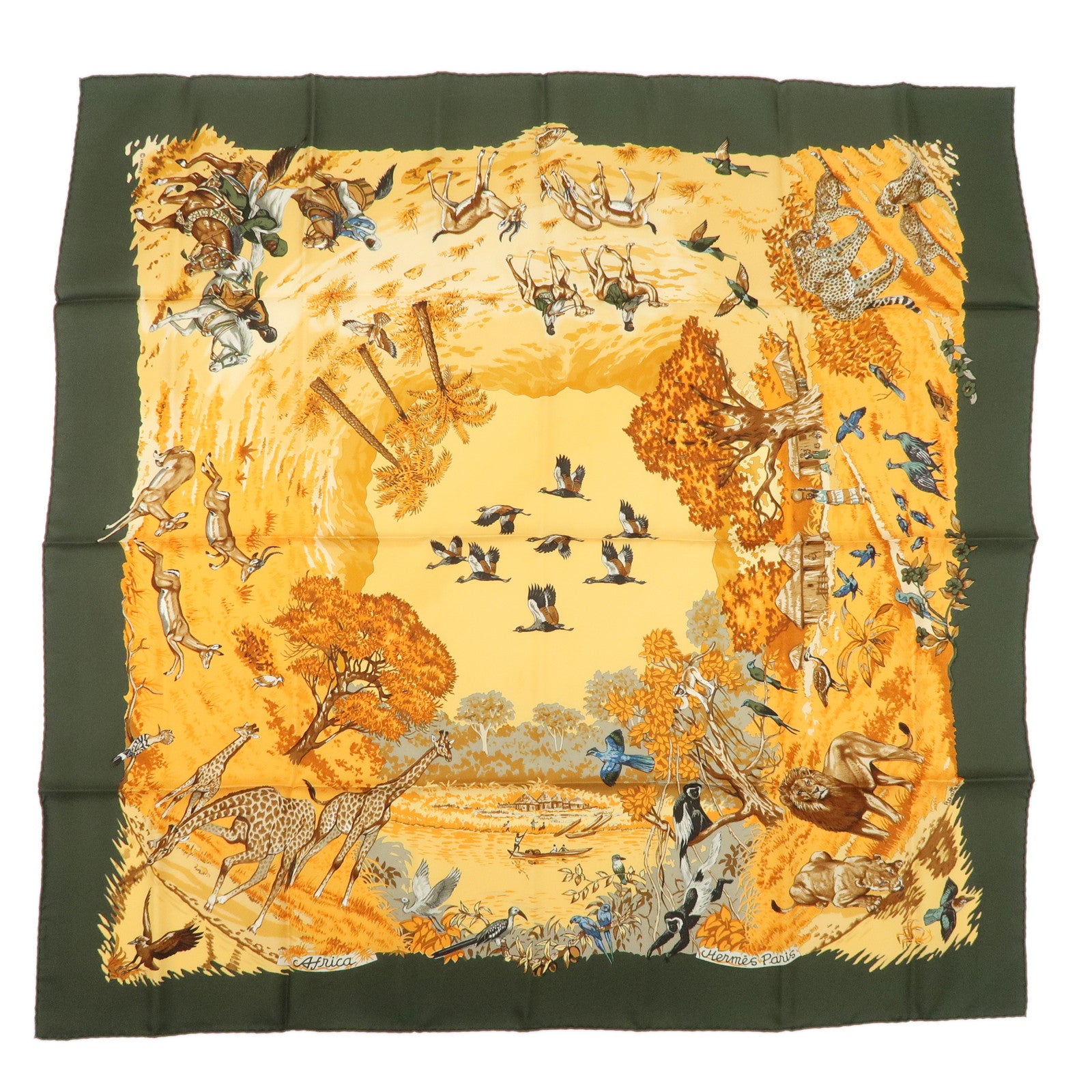 HERMES-Carre-90-100%-Silk-Scarf-AFRICA-Green-Orange