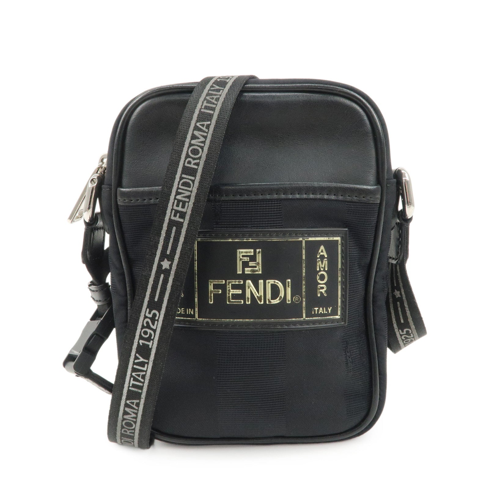 FENDI-Pequin-Nylon-Leather-Shoulder-Bag-Black-7VA456