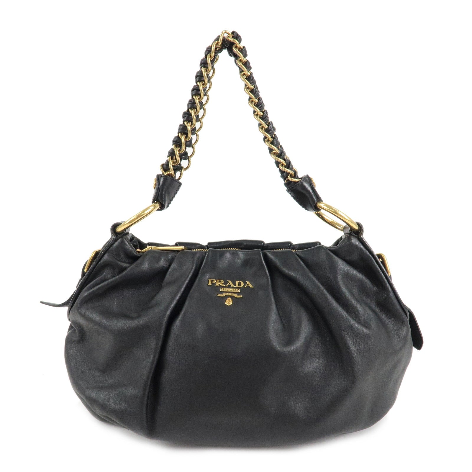 PRADA-Leather-Chain-One-Shoulder-Bag-Black-Gold-Hardware