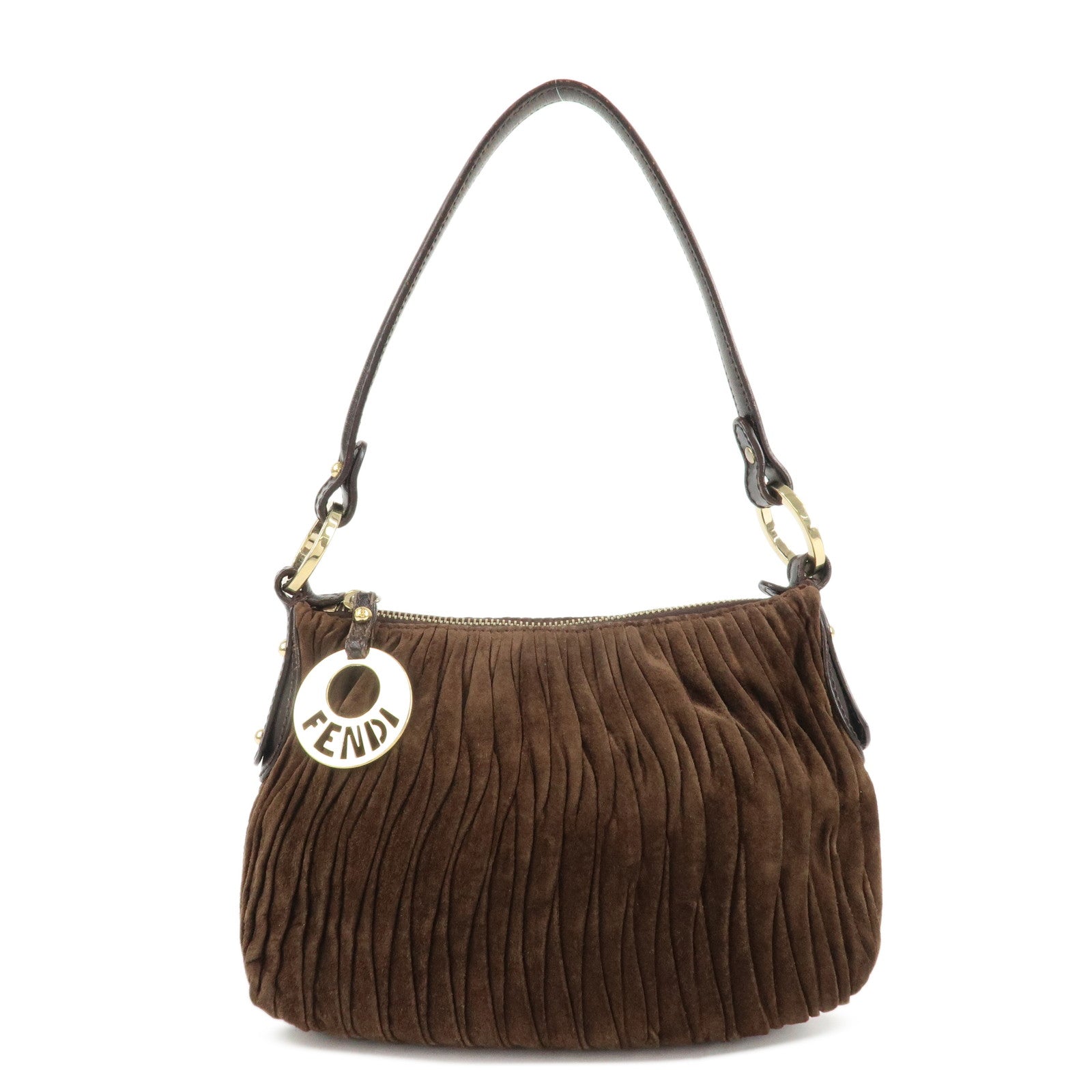 FENDI-Suede-Leather-Gathered-Shoulder-Bag-Dark-Brown-8BR454