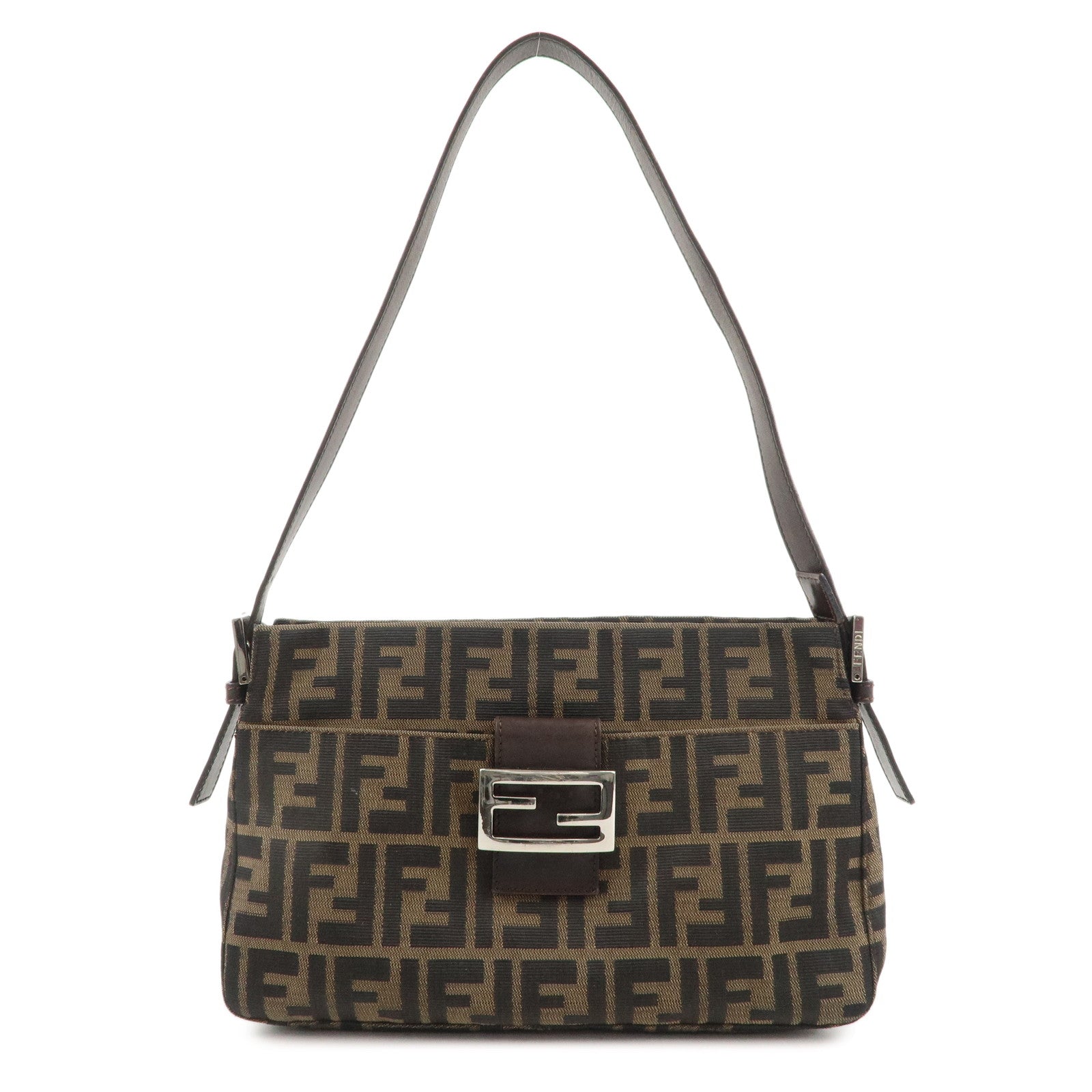 FENDI-Zucca-Canvas-Leather-Shoulder-Bag-Khaki-Brown-Black-26566