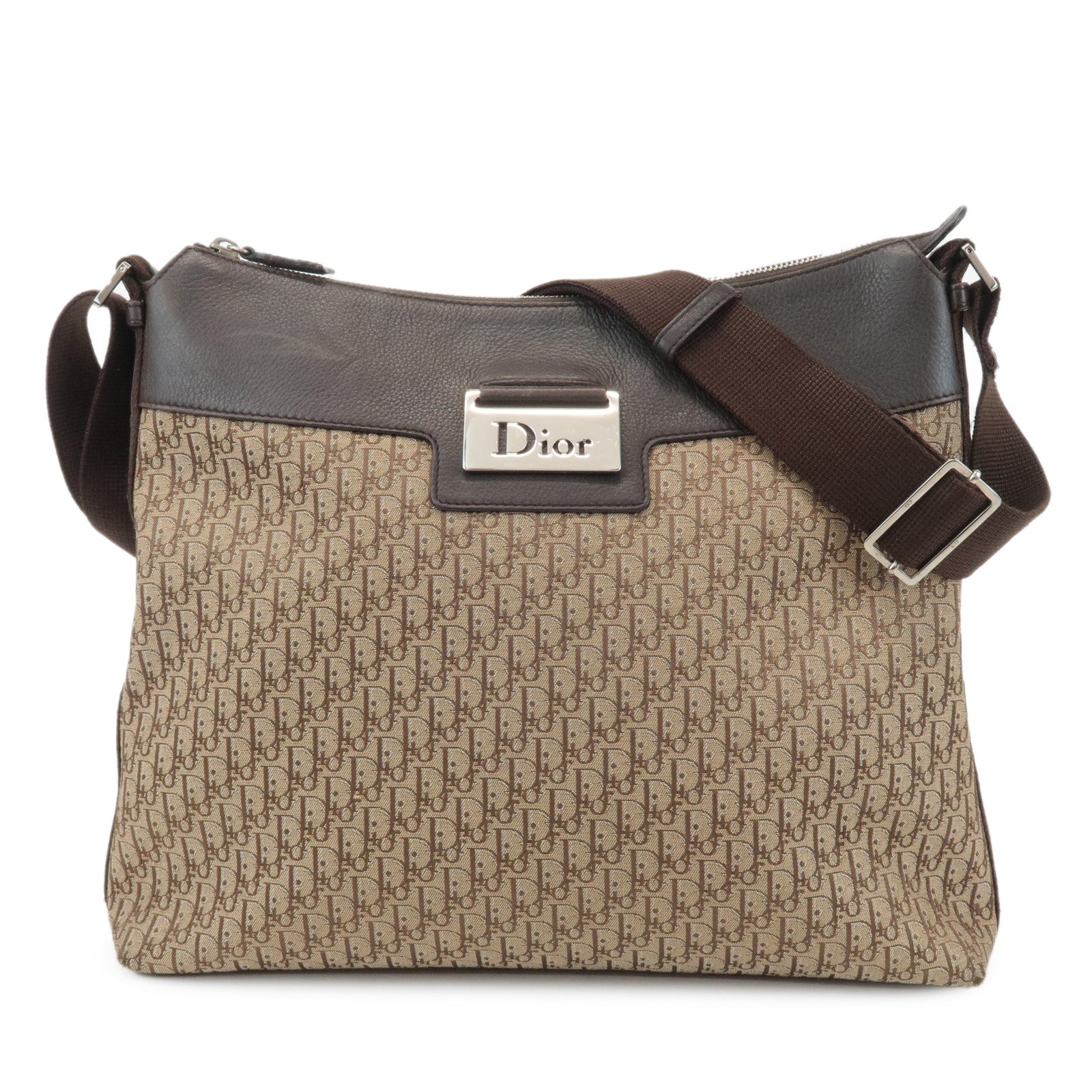 Christian-Dior-Trotter-Canvas-Leather-Shoulder-Bag-Beige-Brown