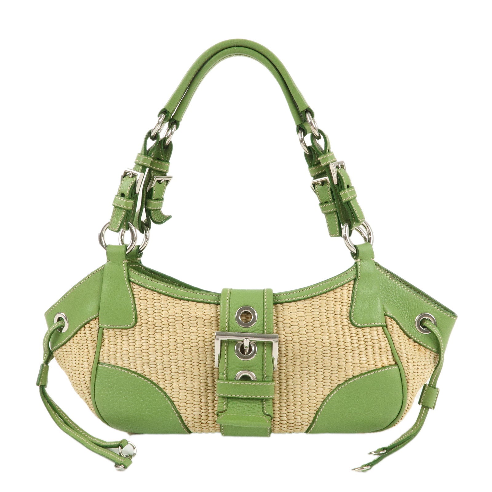 PRADA Straw Leather Shoulder Bag Natural Green BR2928