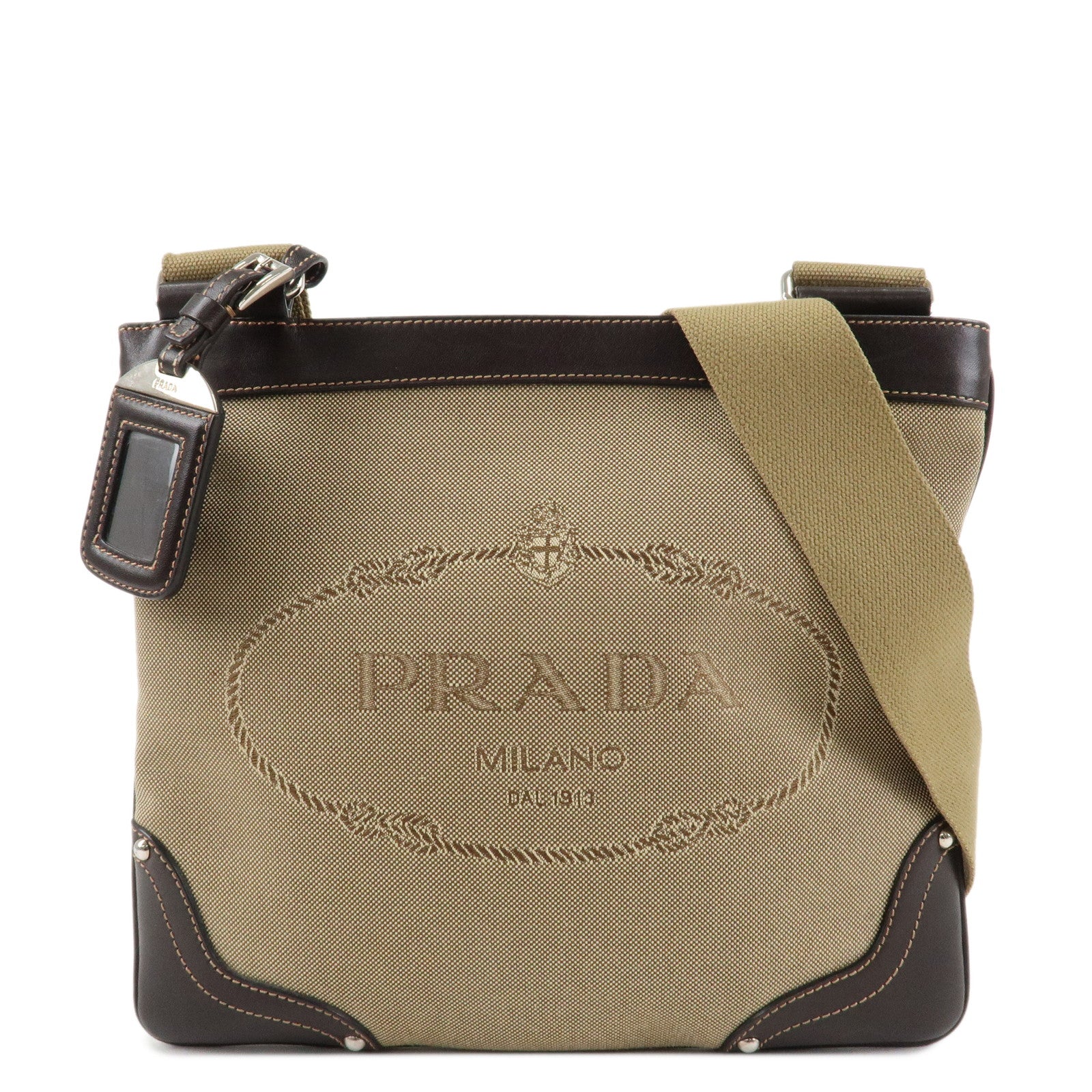 PRADA-Logo-Jacquard-Leather-Shoulder-Bag-Beige-Dark-Brown-M506A