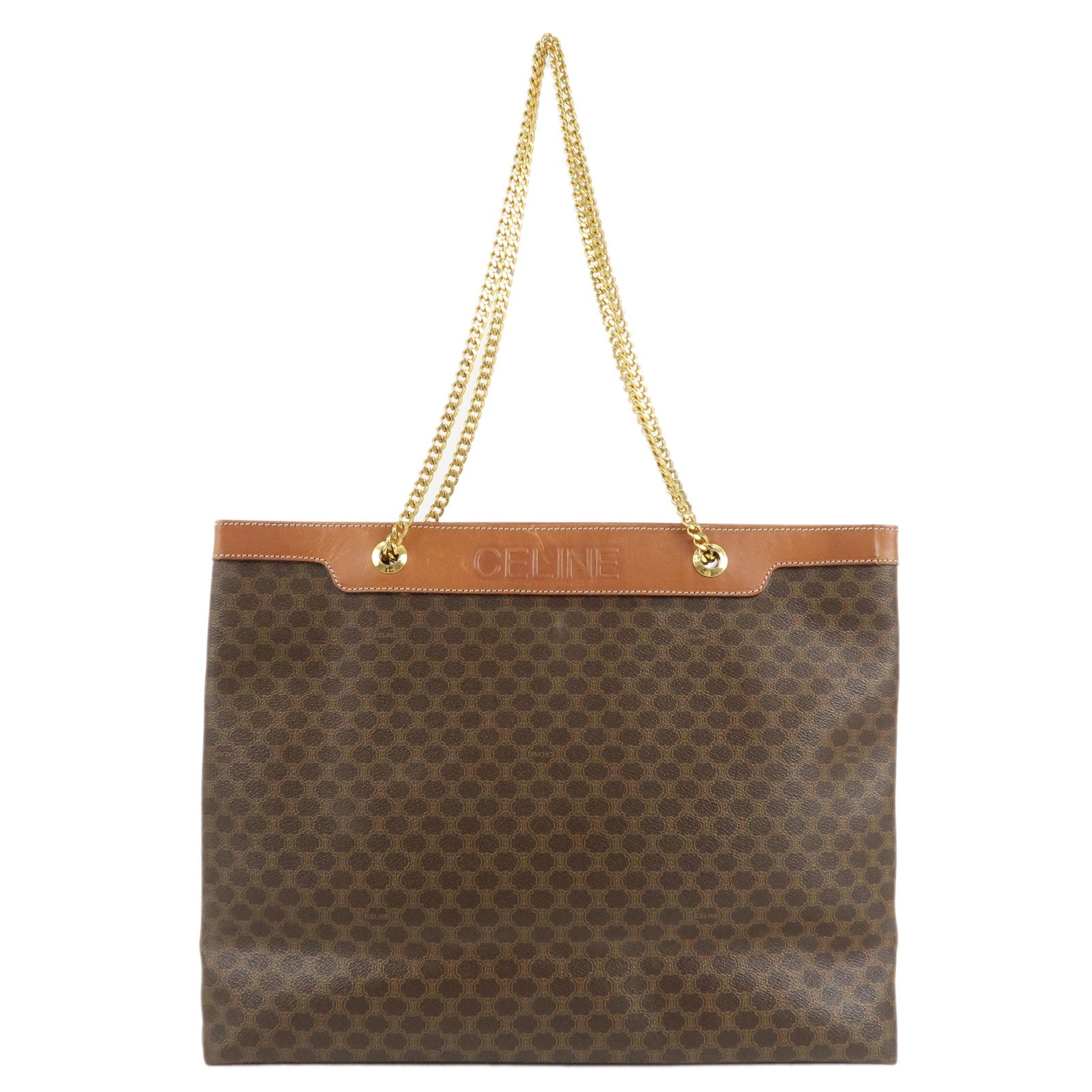 CELINE-Macadam-PVC-Leather-Chain-Tote-Bag-Brown