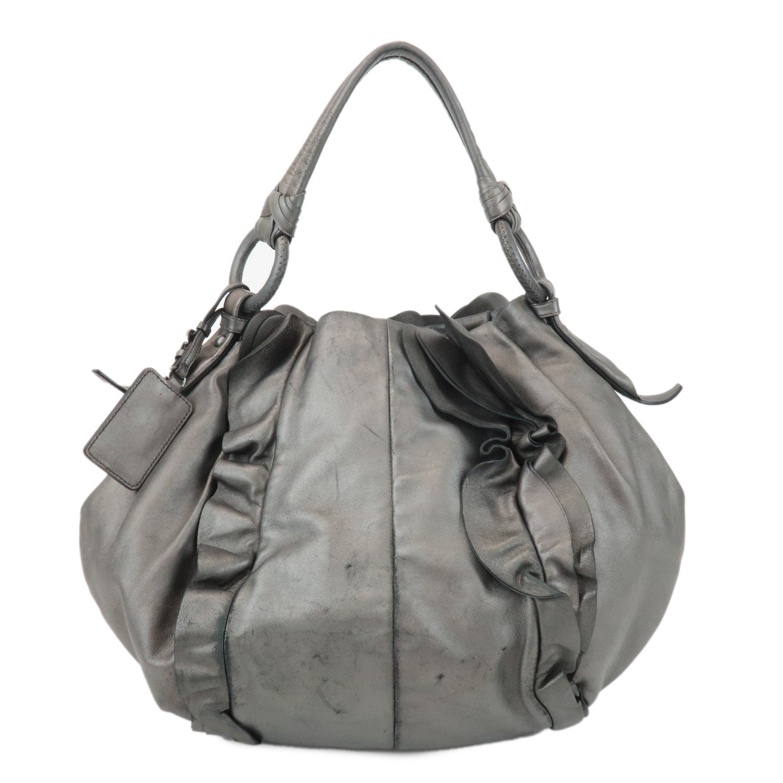 PRADA-Leather-Gathered-2WAY-Shoulder-Bag-Hand-Bag-Silver-Gray