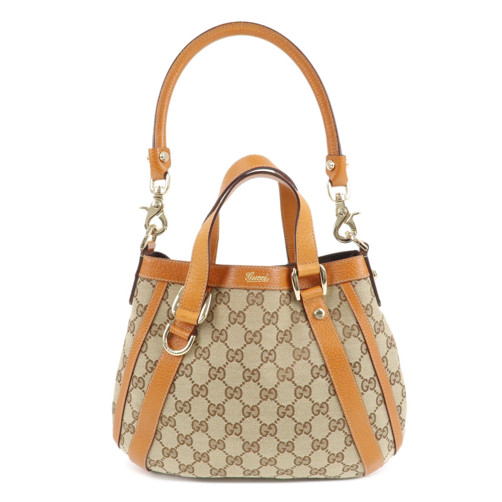 GUCCI-GG-Canvas-Leather-2Way-Shoulder-Bag-Beige-Brown-146246